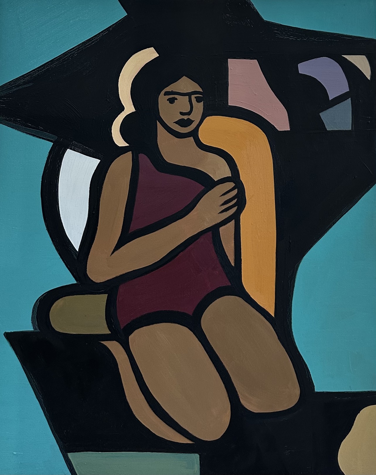 A stylized portrait of a seated figure in a bold, geometric composition.