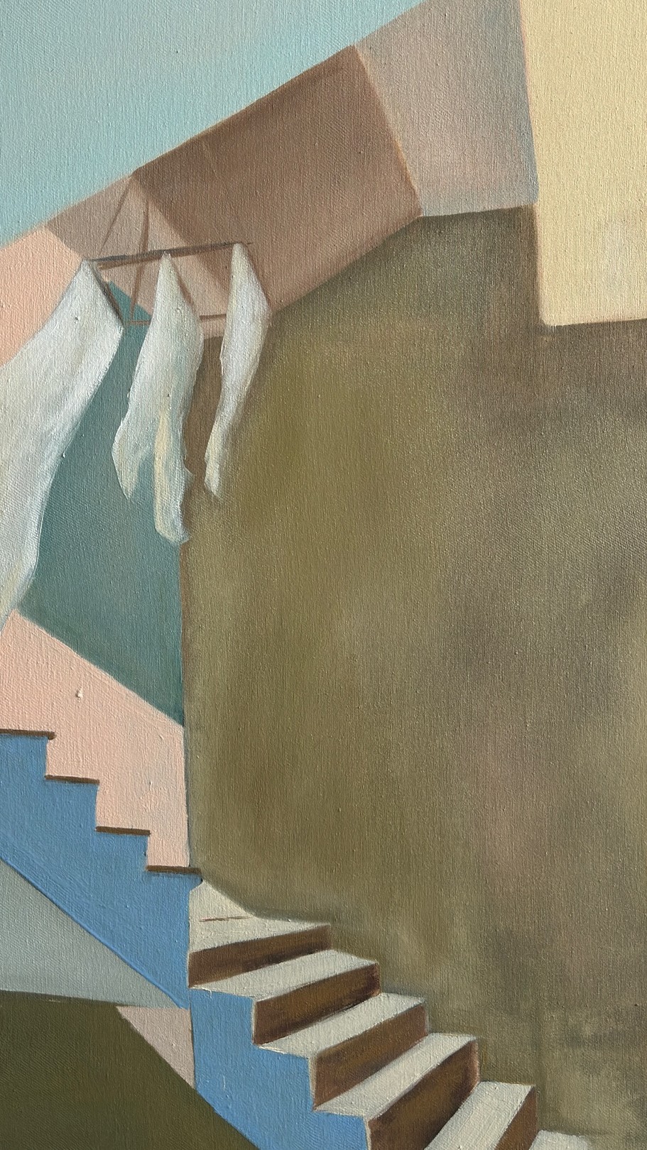 A painting of a stairway with clothes hanging out to dry.