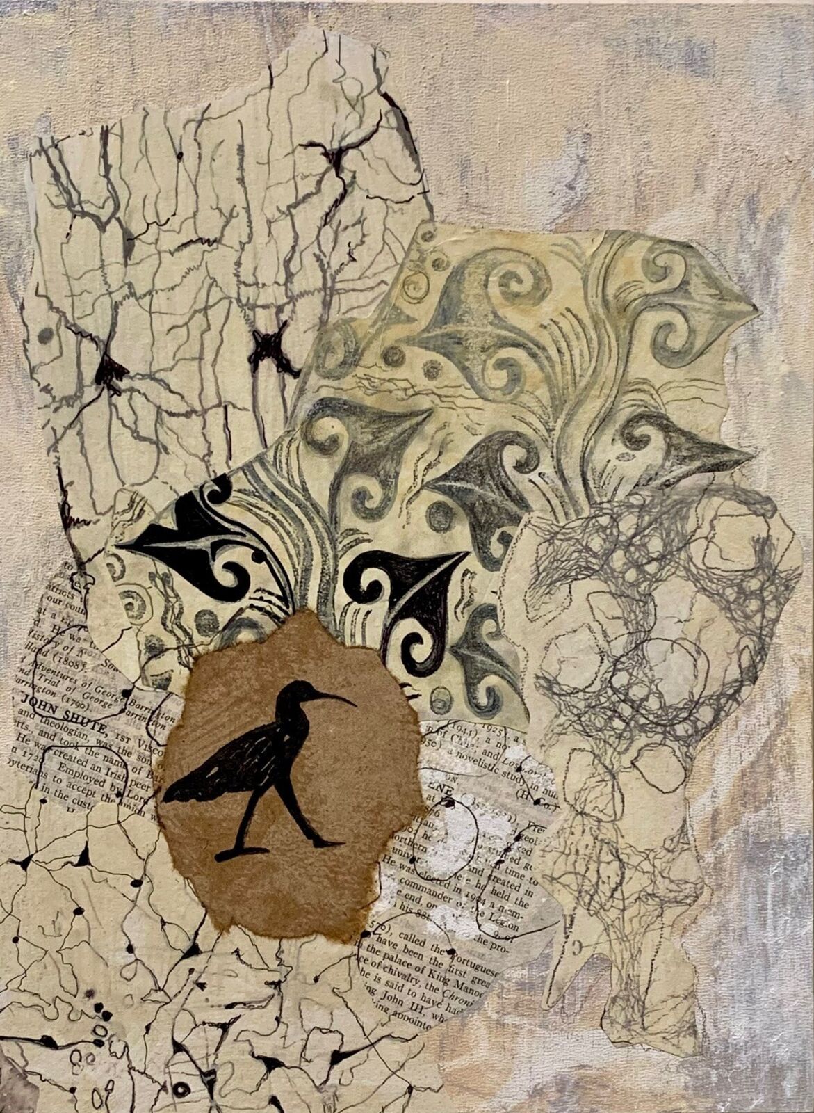 A mixed-media collage featuring a black bird silhouette against a brown paper cutout, surrounded by patterned and textured paper elements.