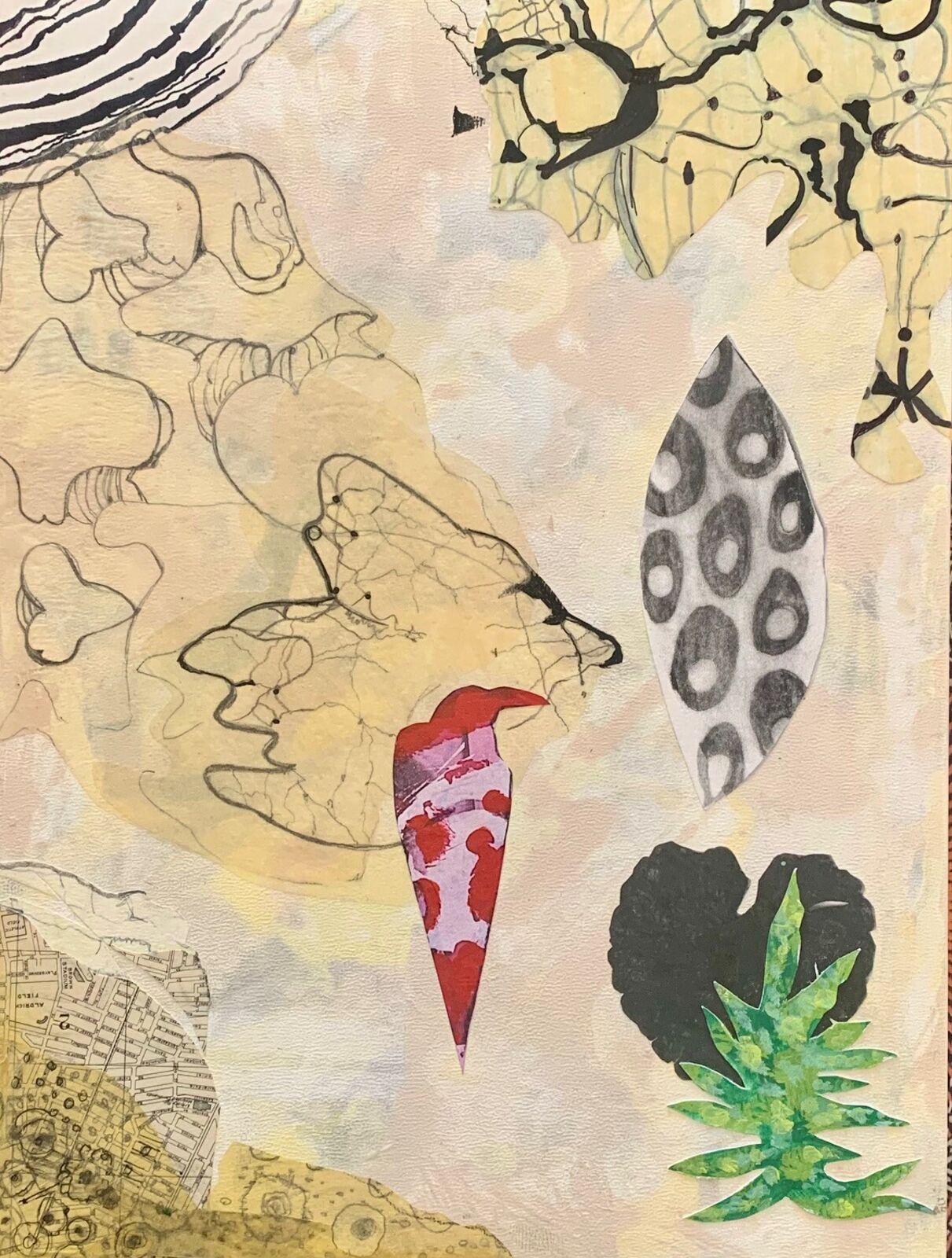 A mixed-media collage featuring a profile silhouette, abstract organic shapes, and patterned cutouts against a soft beige background.