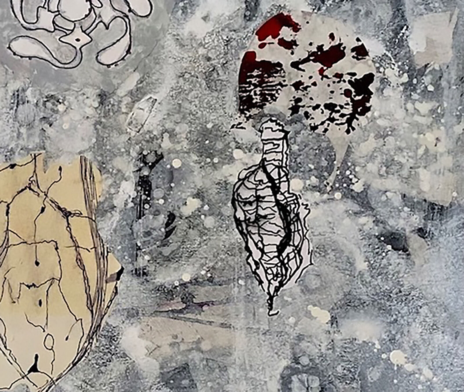 A textured mixed-media collage featuring organic shapes, abstract patterns, and splattered paint on a mottled grey background.