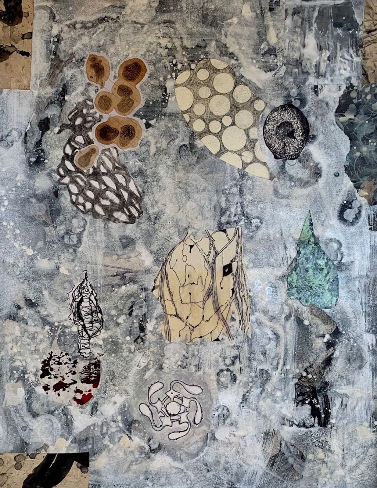 A textured mixed-media collage featuring organic shapes, abstract patterns, and splattered paint on a mottled grey background.