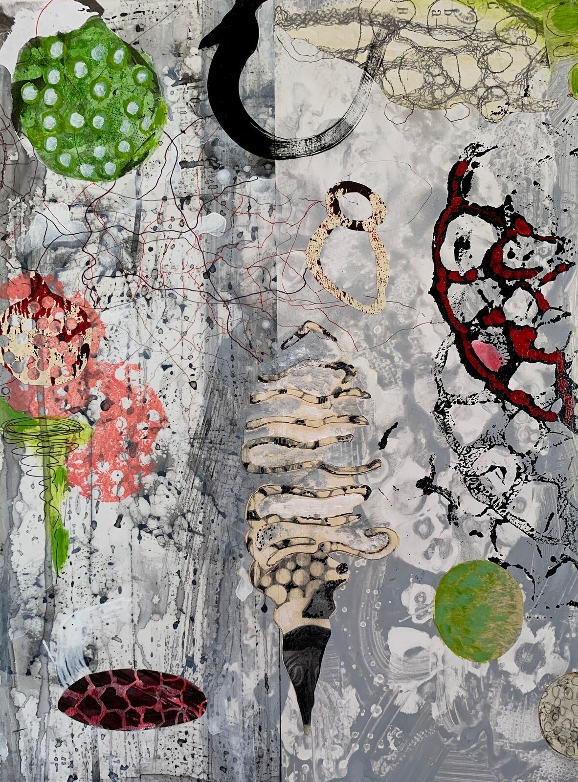 A mixed-media collage featuring a central spiral form surrounded by abstract organic shapes and textured backgrounds.