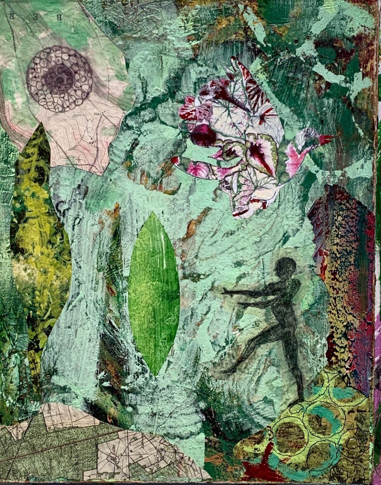 A layered collage of a figure, foliage, and map fragments.