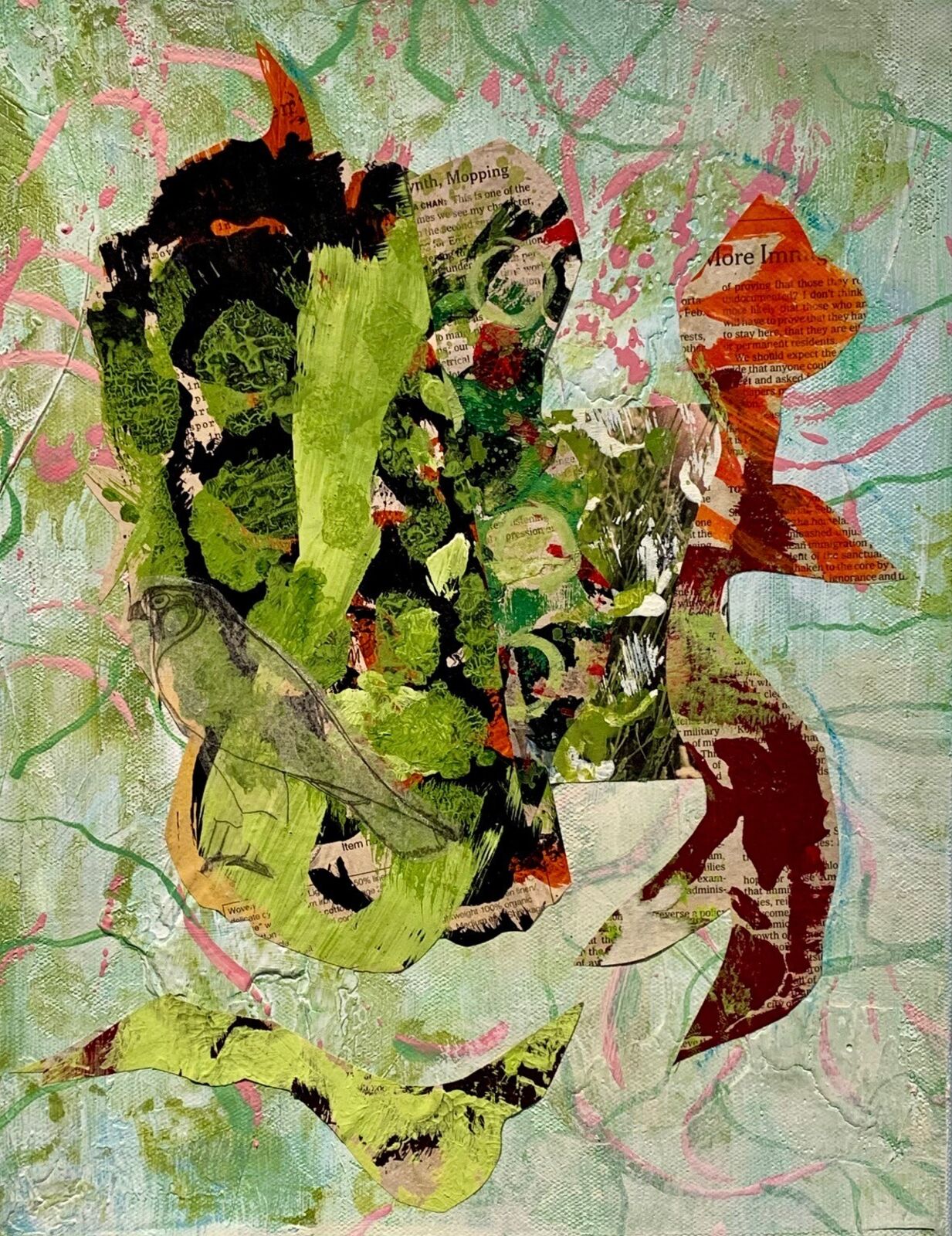 A mixed-media portrait of a figure in profile, rendered with collage and paint.