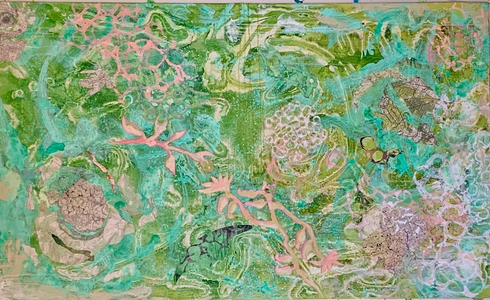 A layered mixed-media artwork blending organic forms with abstract textures in a vibrant green and pink palette.