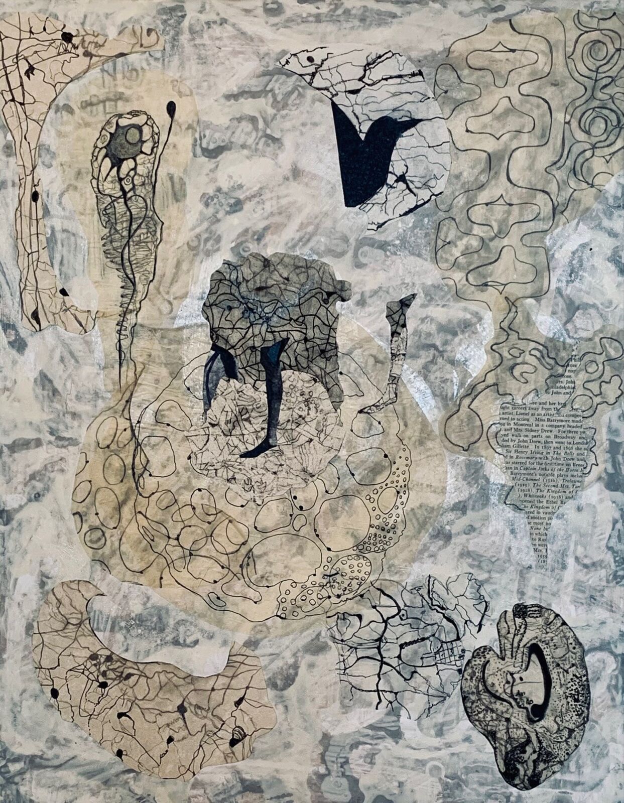 A complex mixed-media collage featuring organic shapes, printed text fragments, and abstract line work.