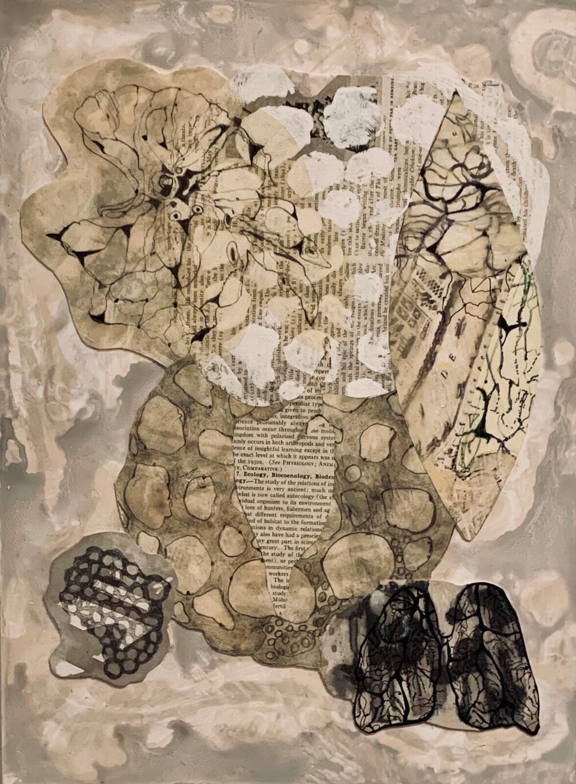 A layered collage of organic shapes and text fragments on a textured background.