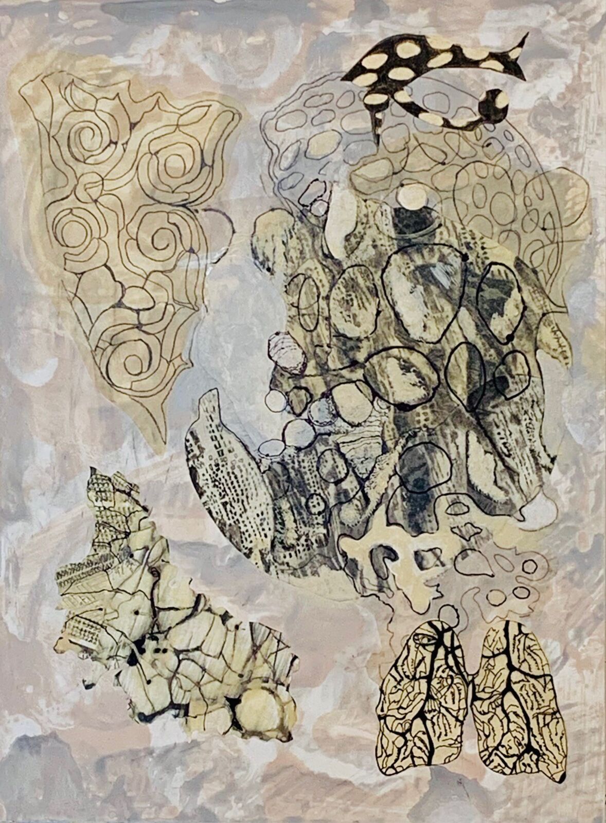 An abstract composition of organic shapes and textures in muted earth tones.