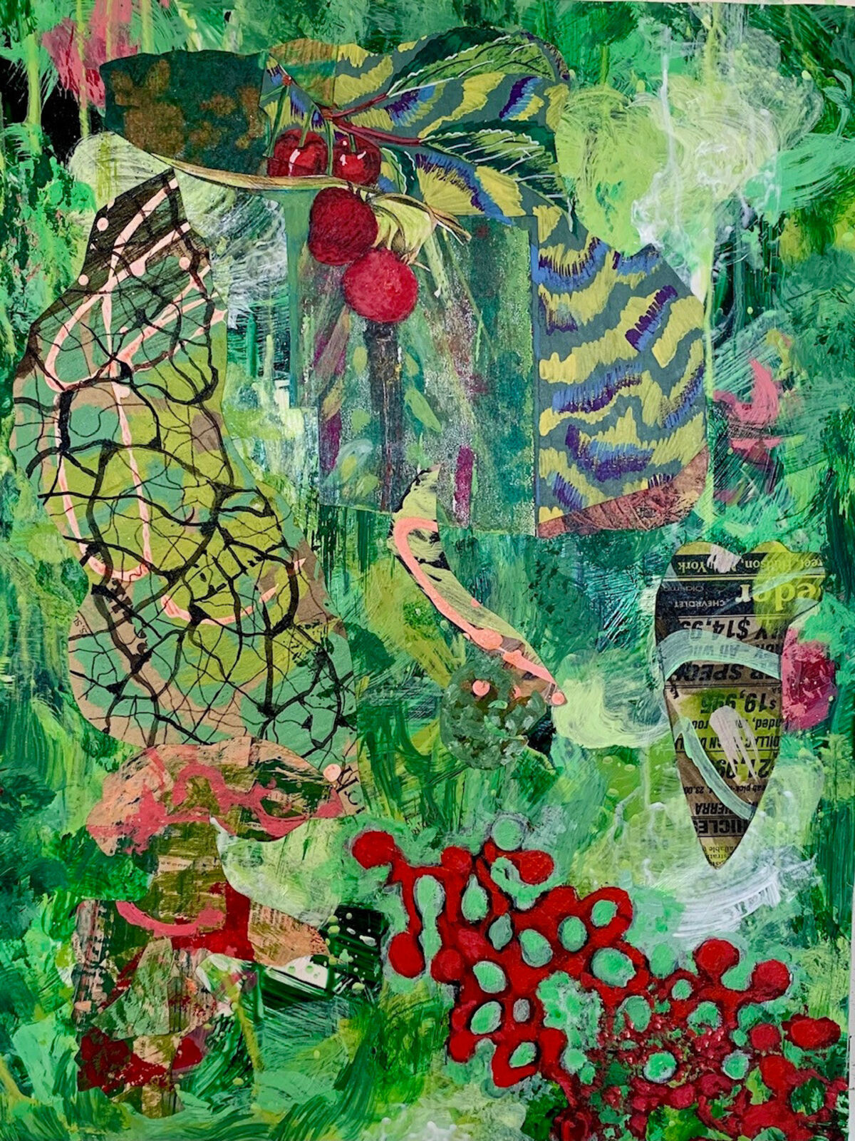 A vibrant mixed-media collage featuring a dense forest of green foliage, red berries, and abstract organic shapes.