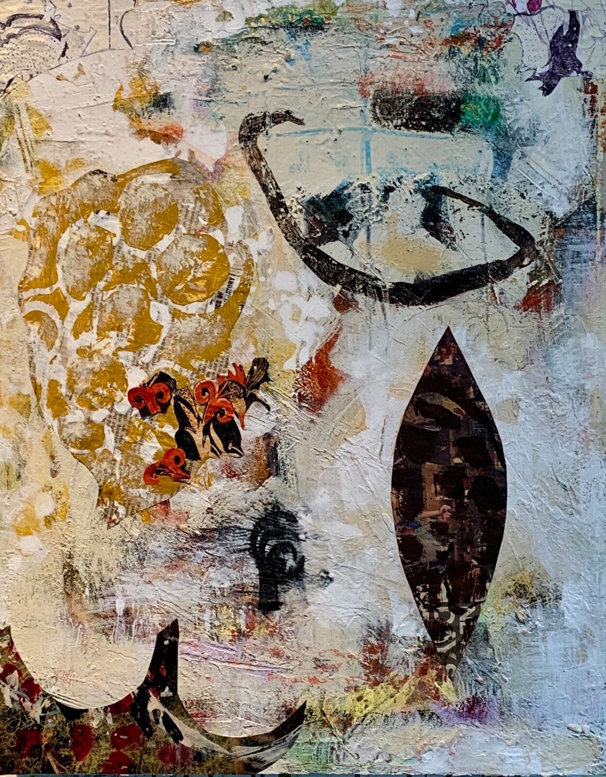 A textured collage portrait featuring a face in profile with bold black lines, set against a layered background of gold, white, and abstract shapes.