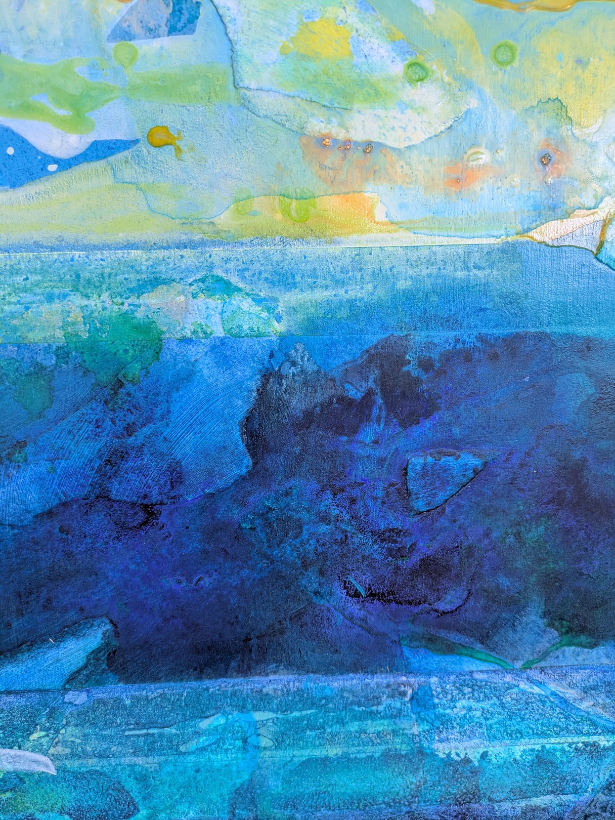 A surreal mixed-media artwork featuring a white bird-like figure against an abstract, layered background of trees and water.