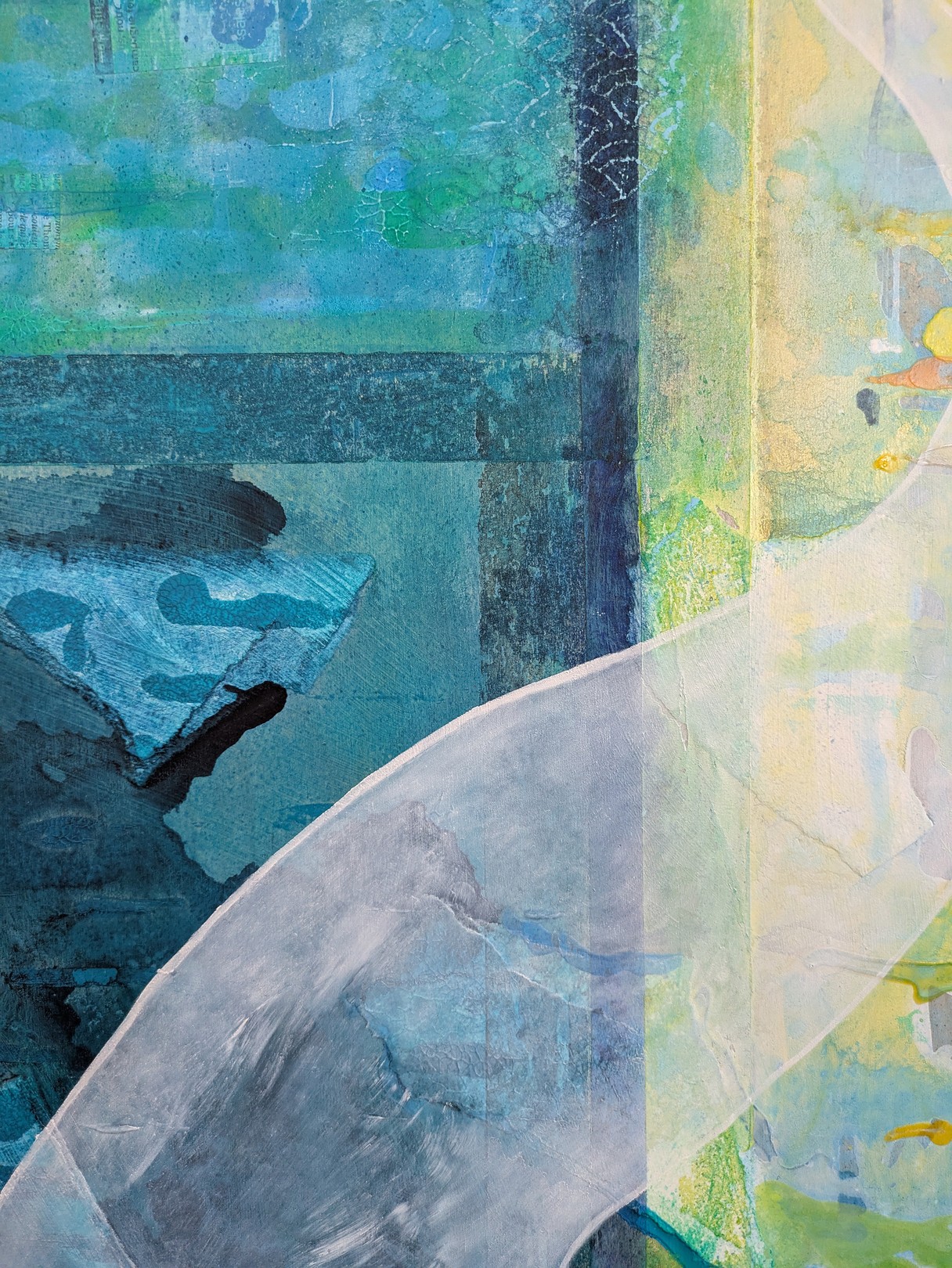 A surreal mixed-media artwork featuring a white bird-like figure against an abstract, layered background of trees and water.