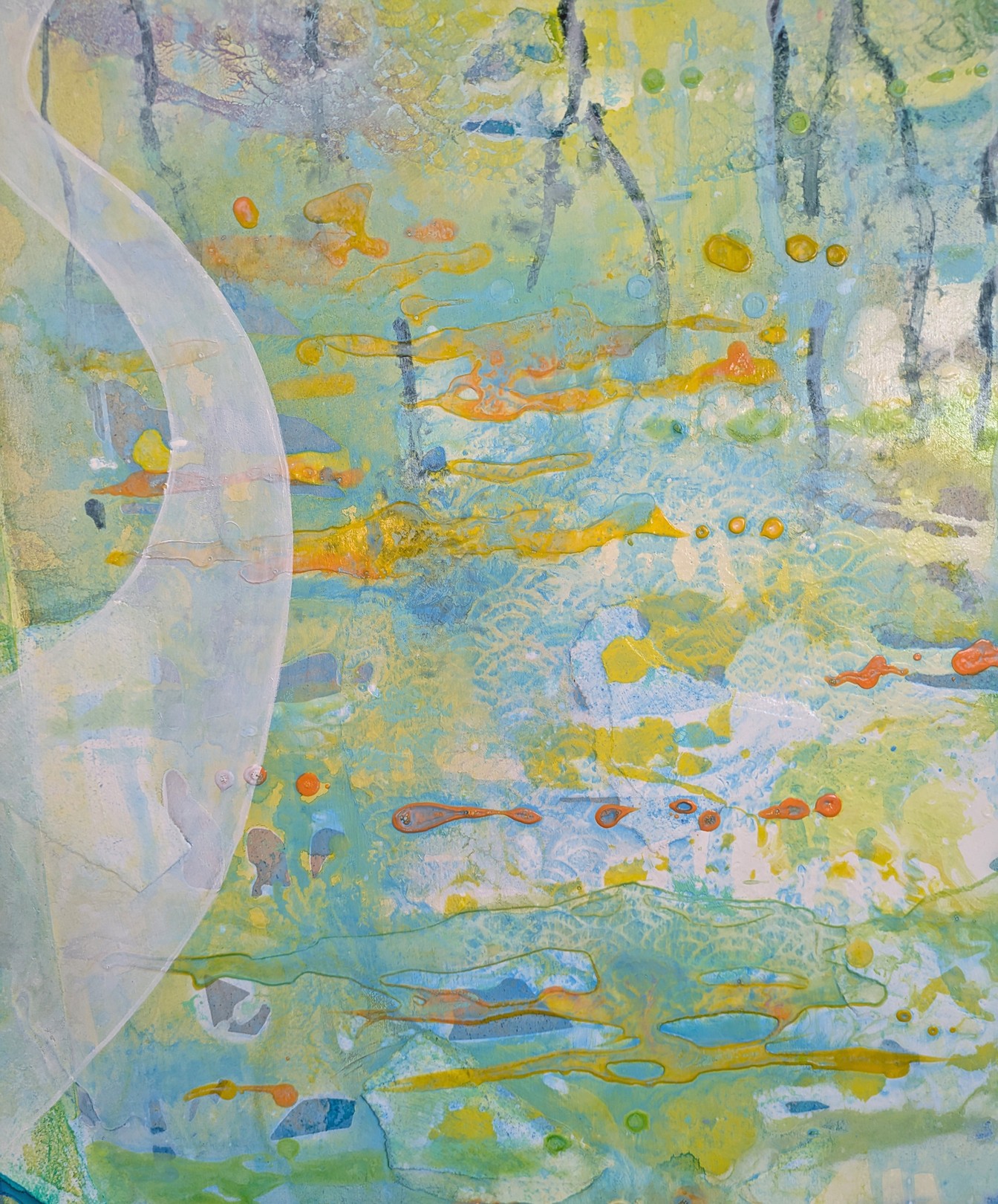 A surreal mixed-media artwork featuring a white bird-like figure against an abstract, layered background of trees and water.