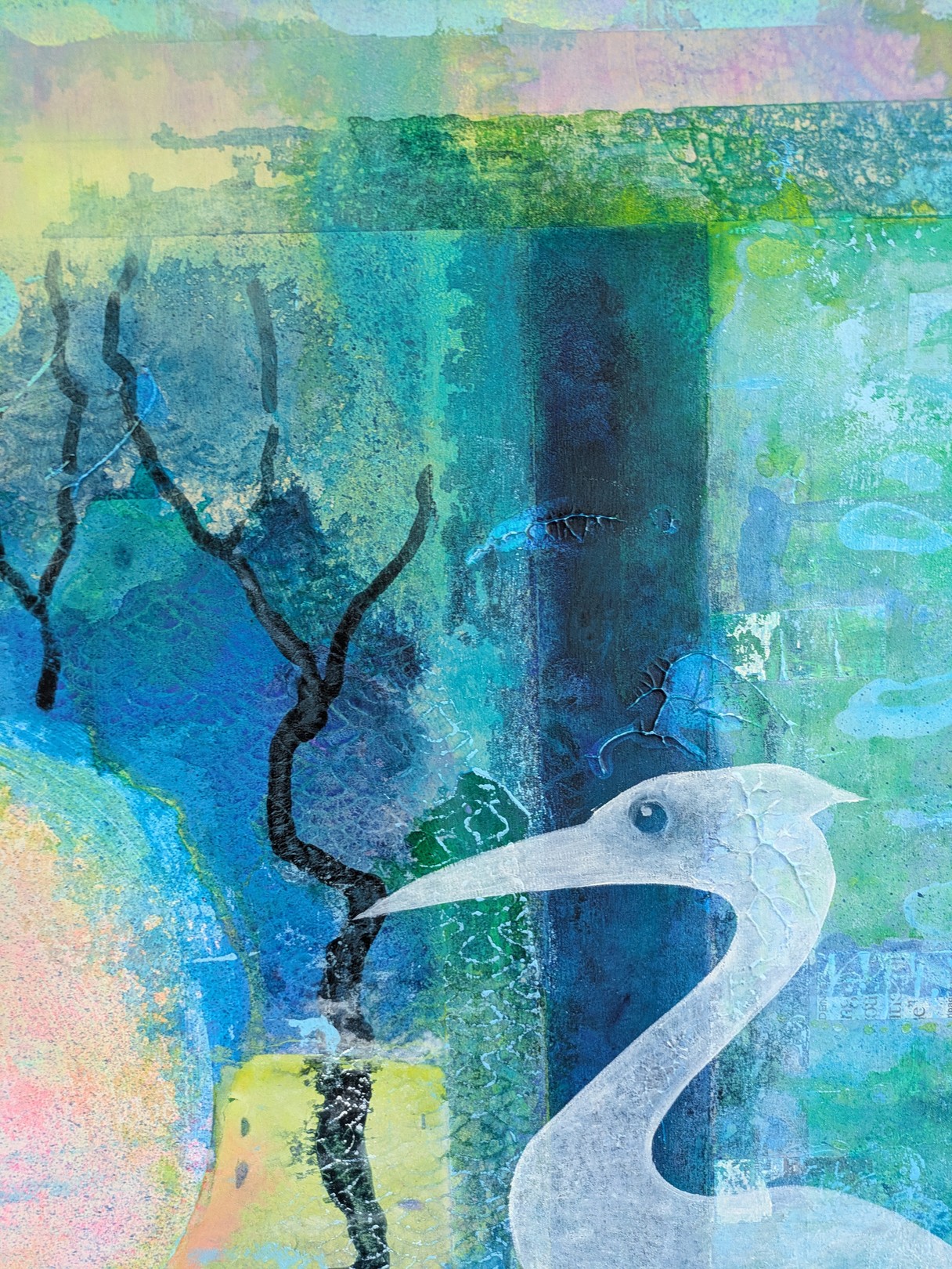 A surreal mixed-media artwork featuring a white bird-like figure against an abstract, layered background of trees and water.
