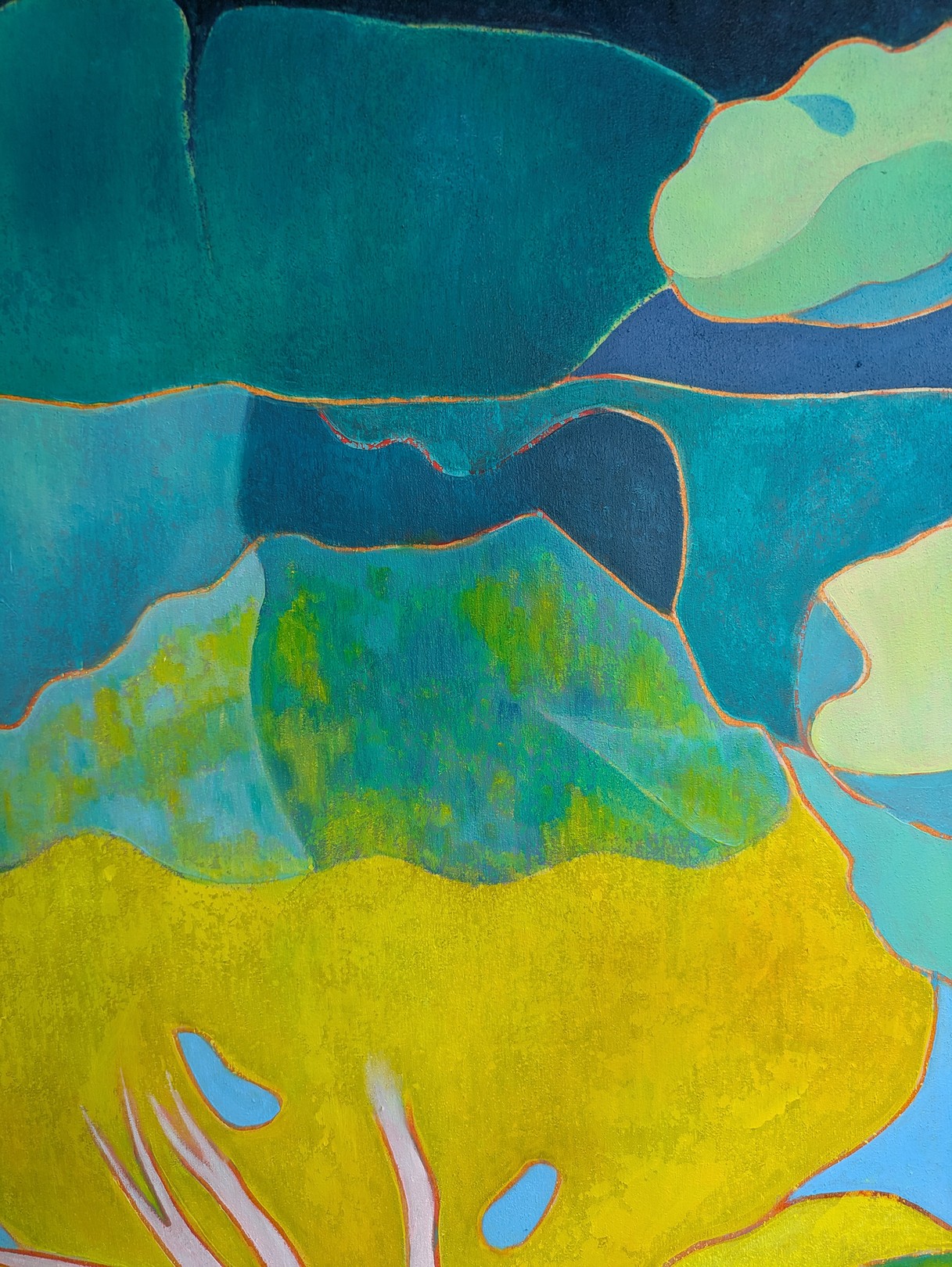 A painting of a tree with a blue sky in the background.