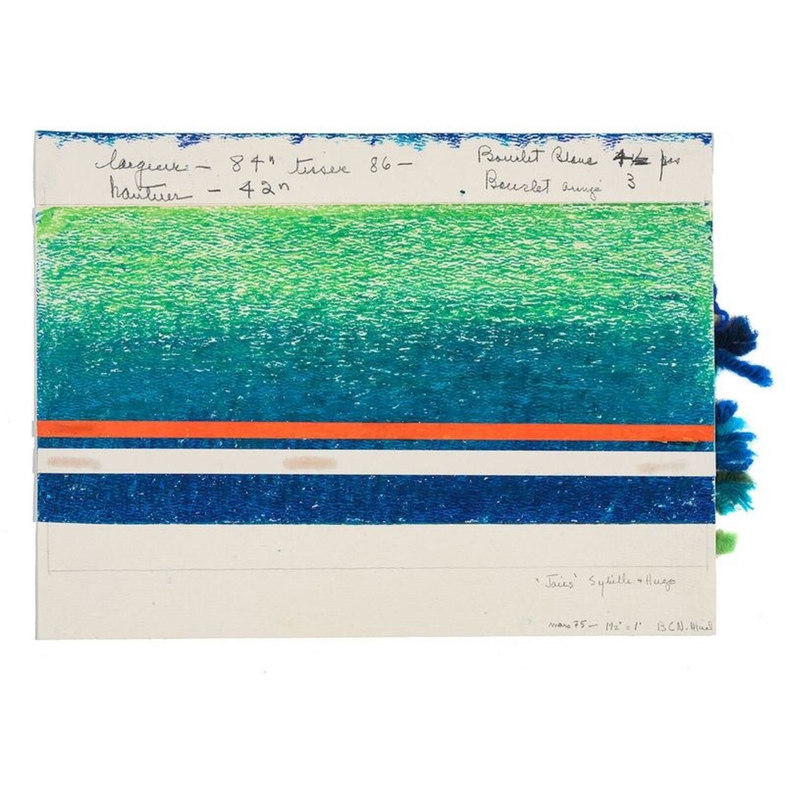 A woven textile featuring a vertical gradient from green to blue with horizontal stripes.