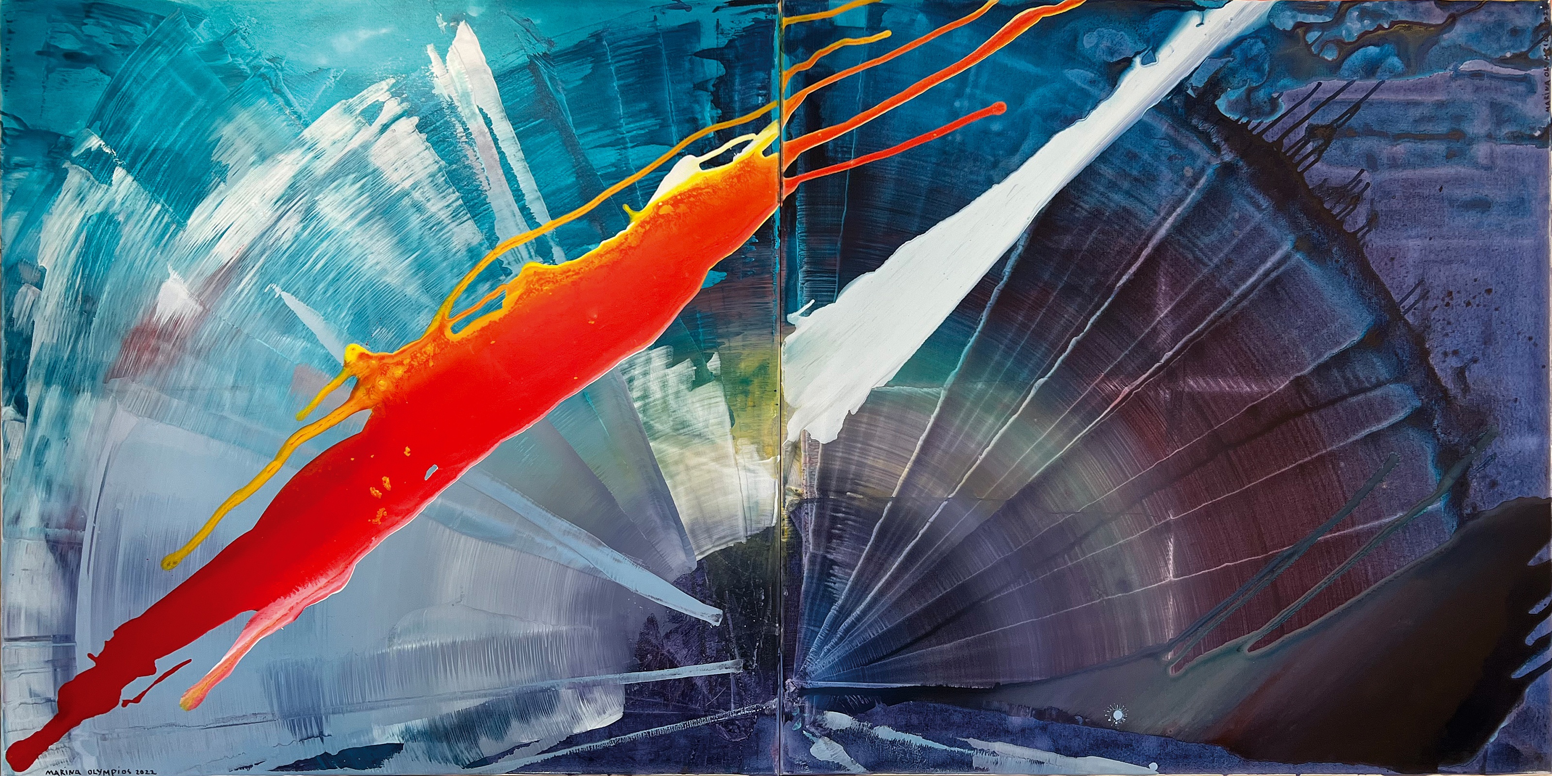 A painting of a red and blue abstract painting on a blue background.