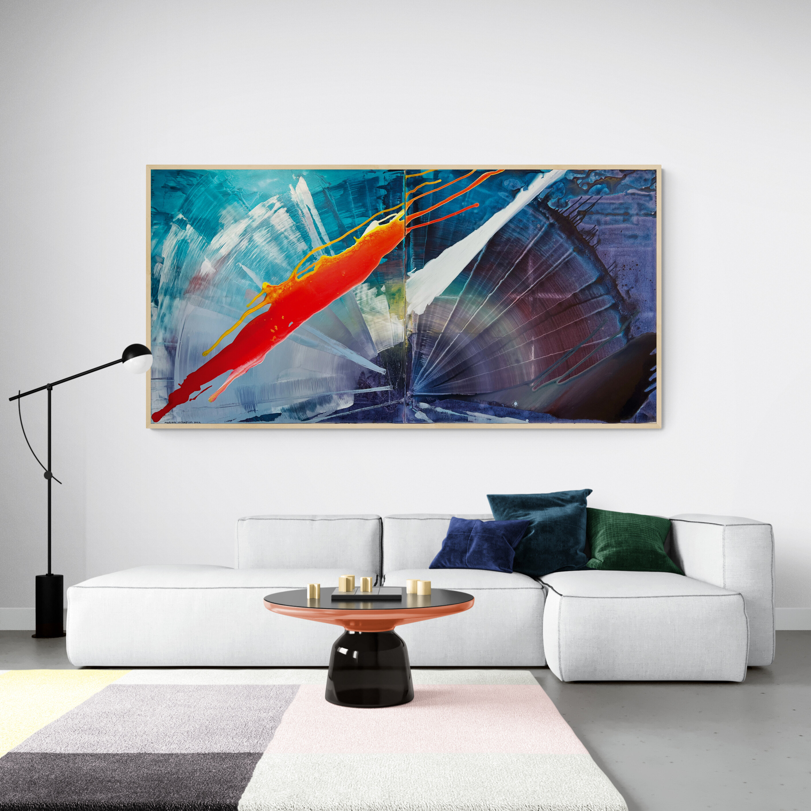 A painting of a red and blue abstract painting on a blue background.