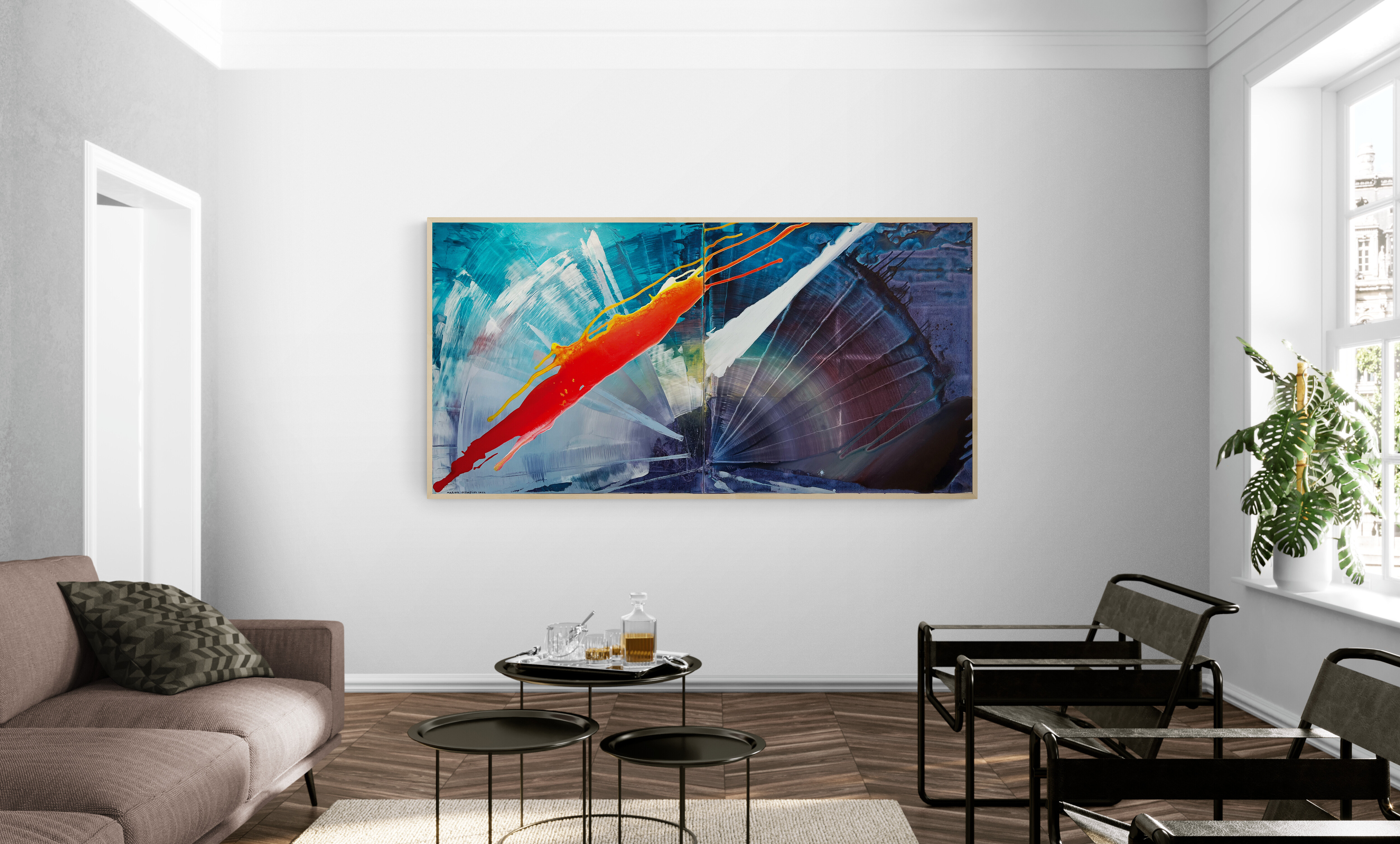 A painting of a red and blue abstract painting on a blue background.