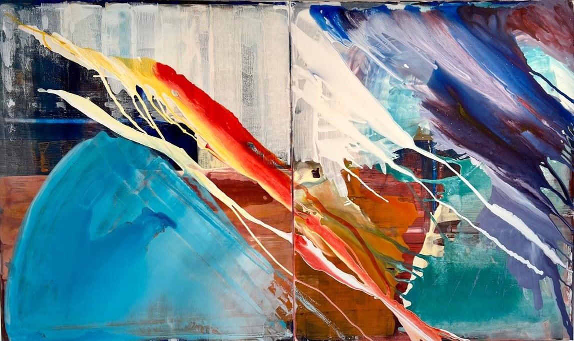 A painting of a blue and red abstract painting on a white background.