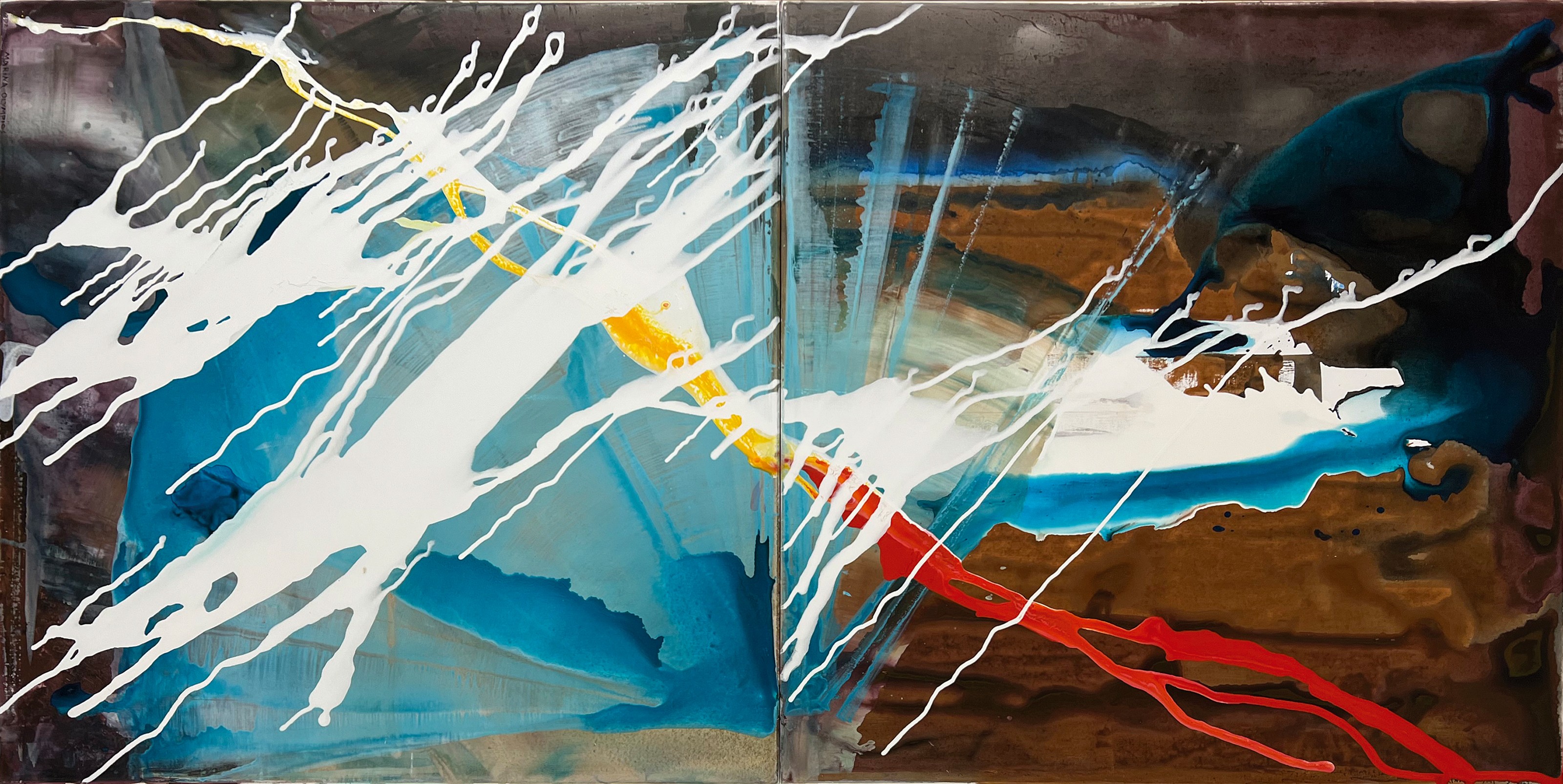 A painting with white and blue paint splatters on a brown background.