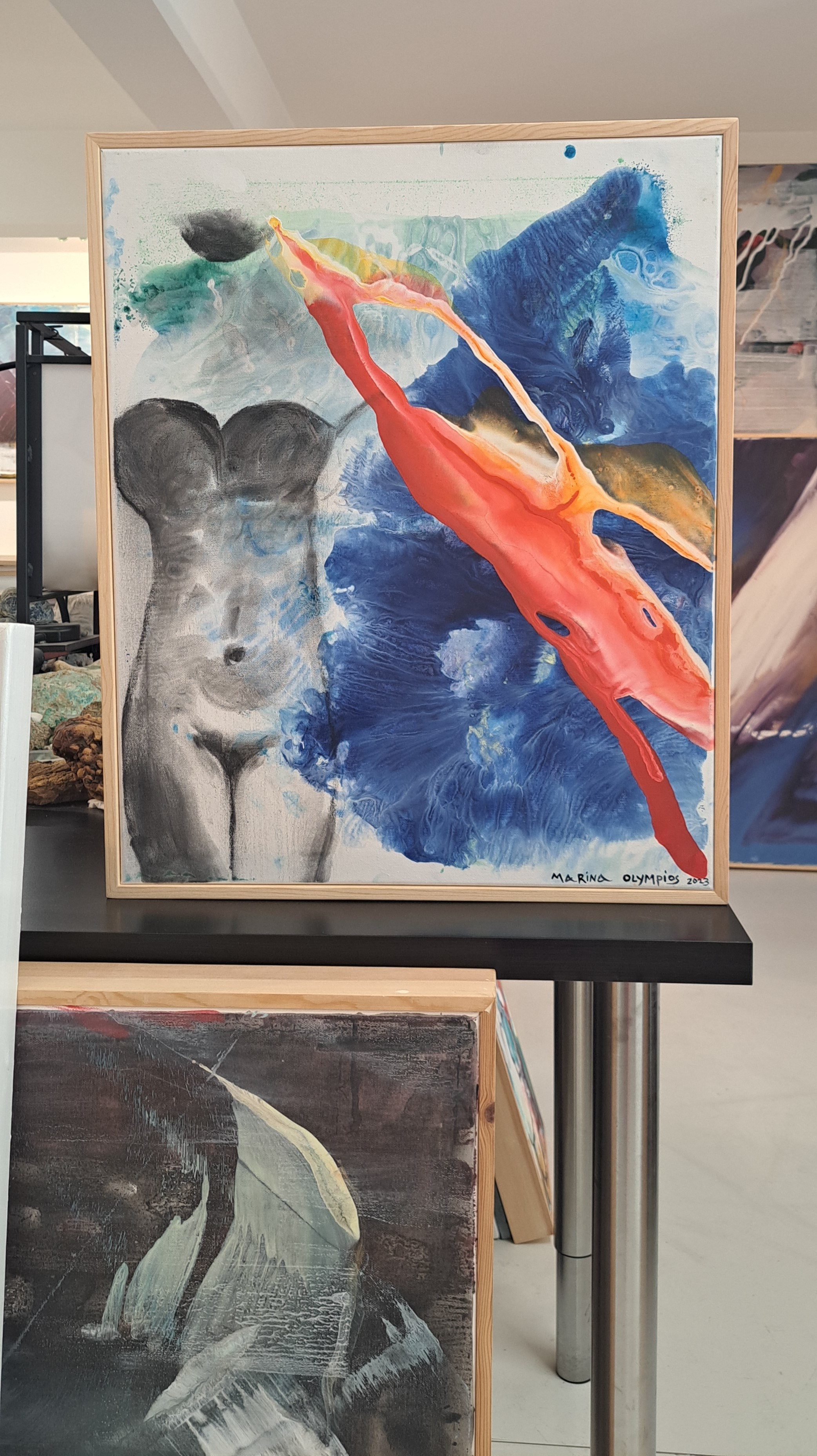 A painting of a nude woman with a red and blue background.