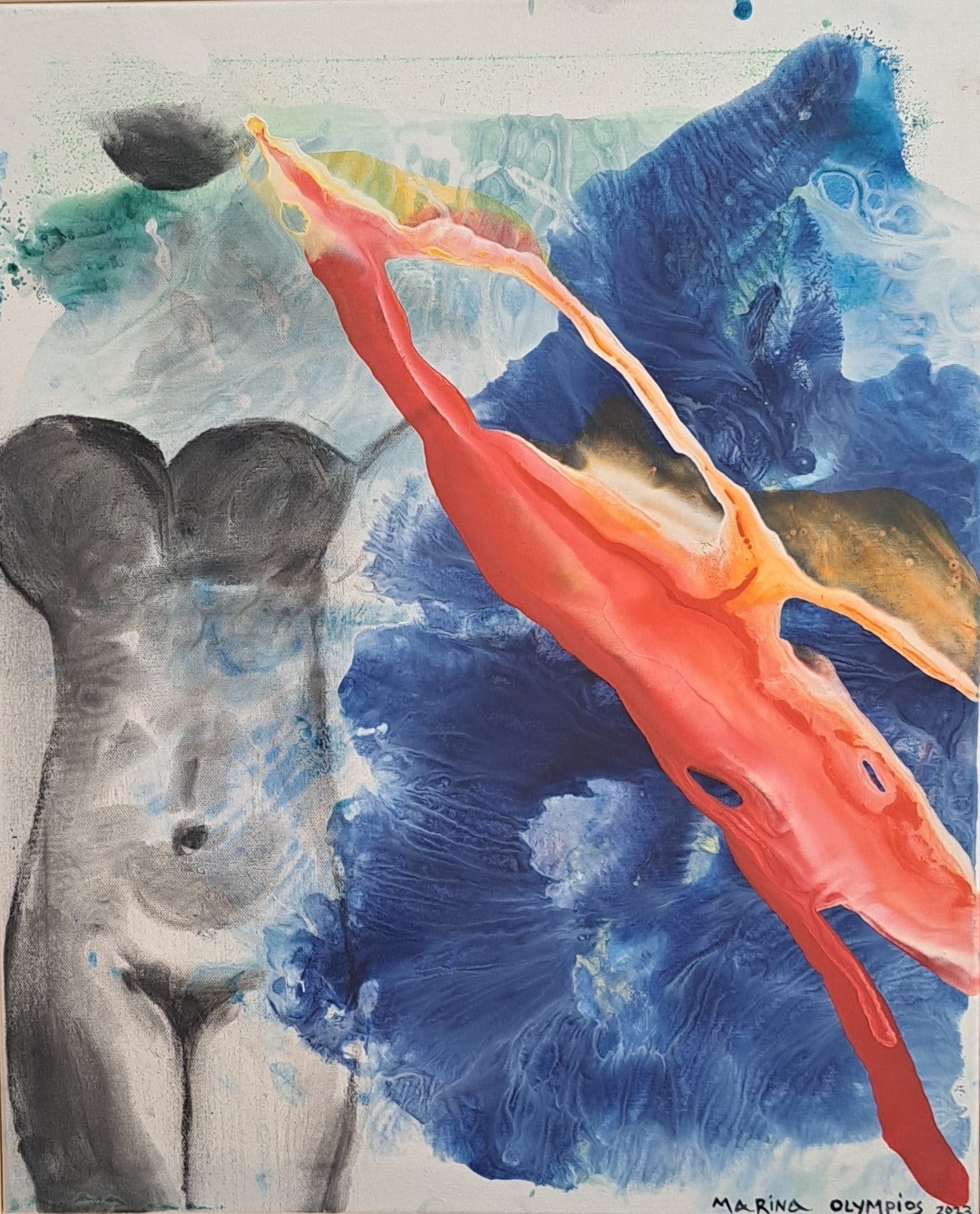 A painting of a nude woman with a red and blue background.