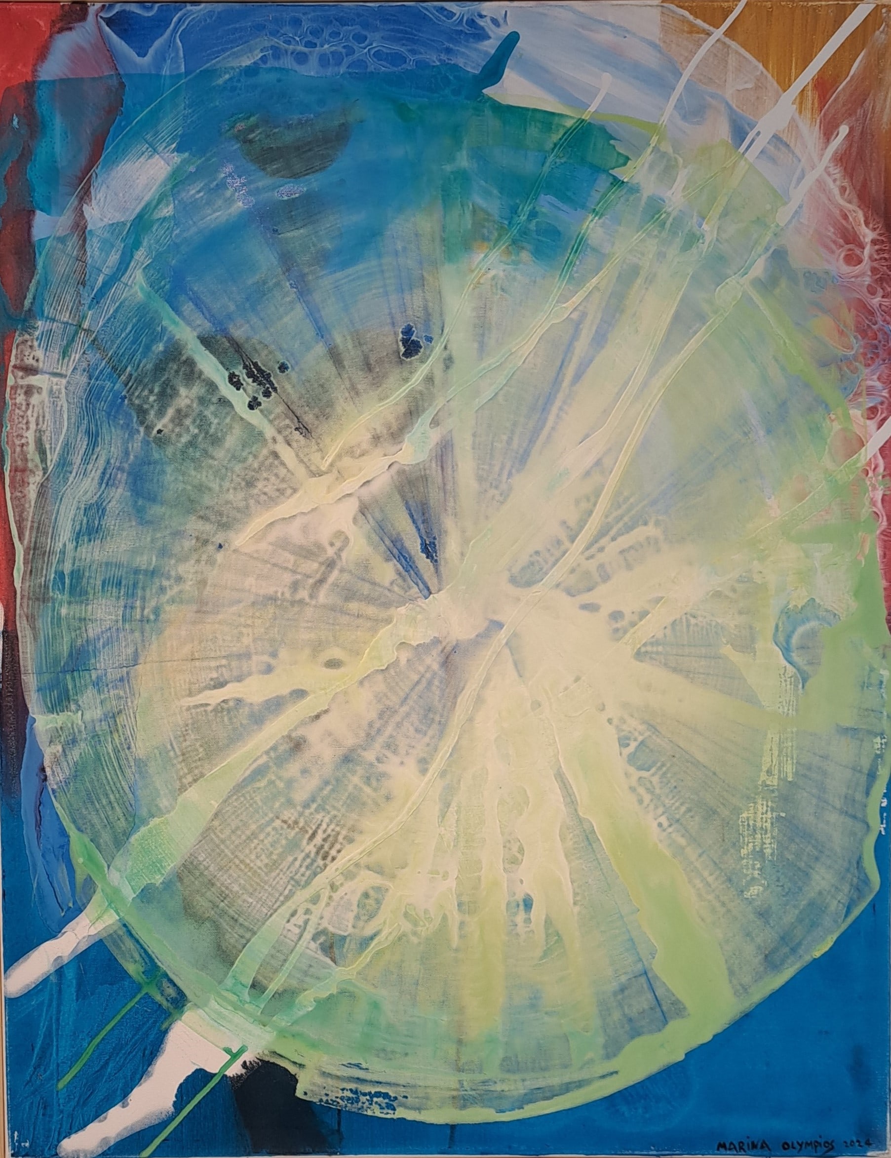 A painting of a slice of lime on a blue background.