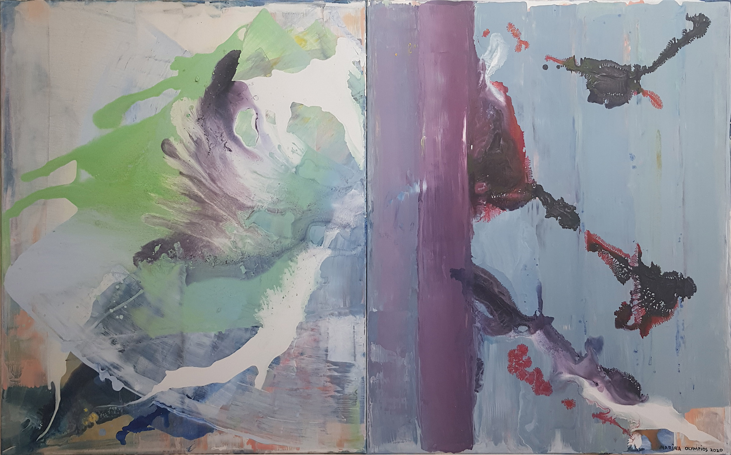 A painting on a wall with a lot of paint on it.