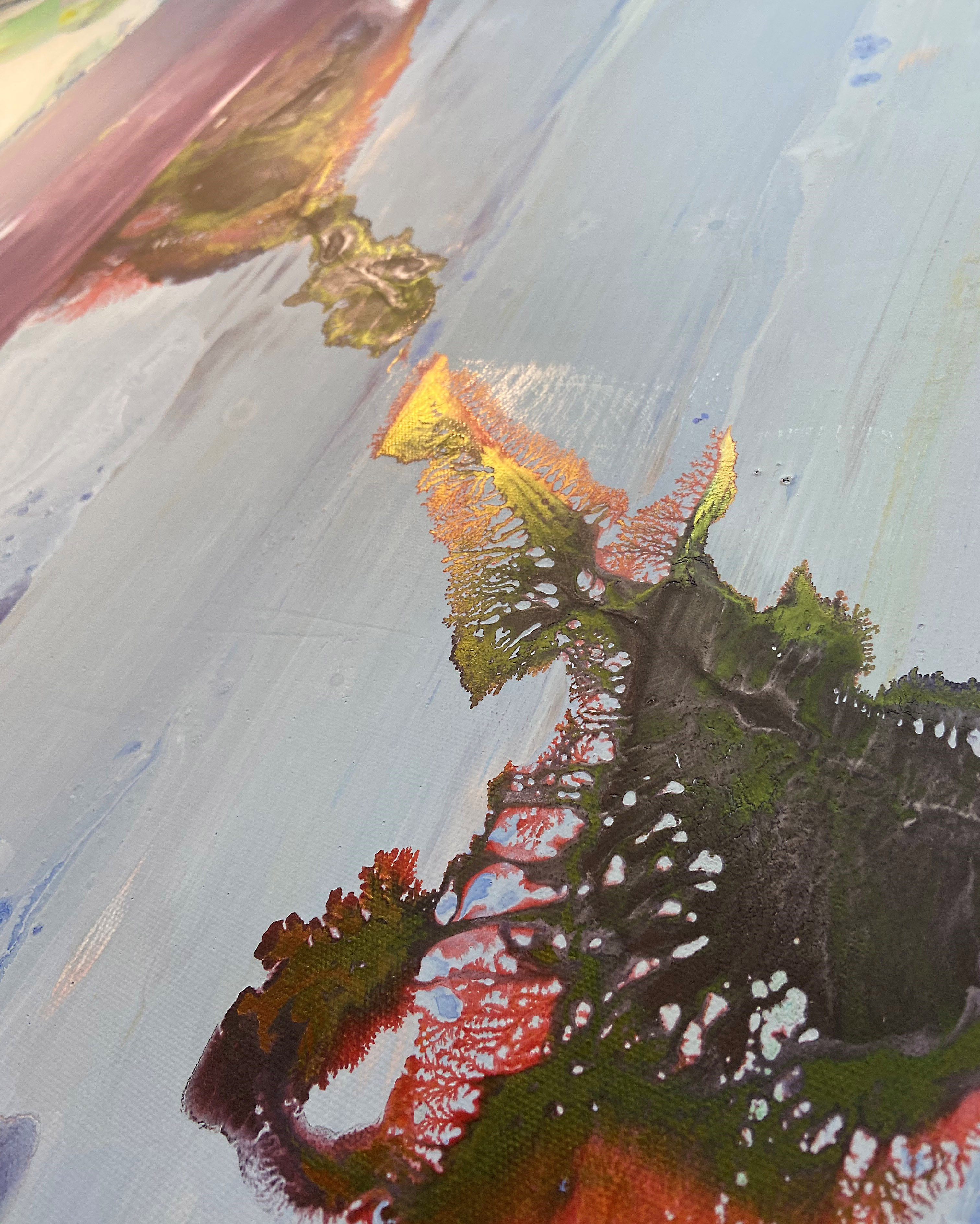 A painting on a wall with a lot of paint on it.