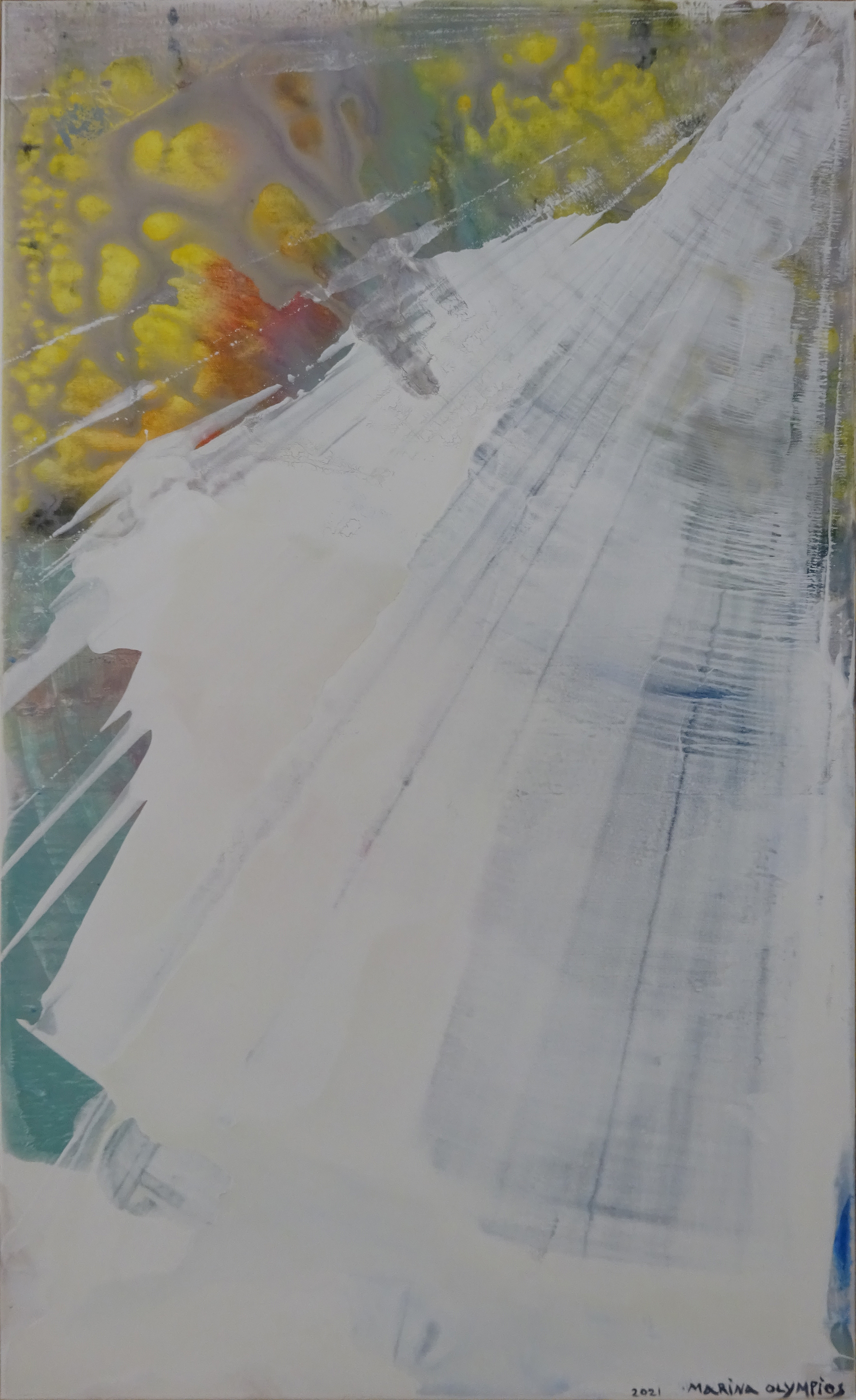 A painting of a white sheet of paper with yellow flowers on it.