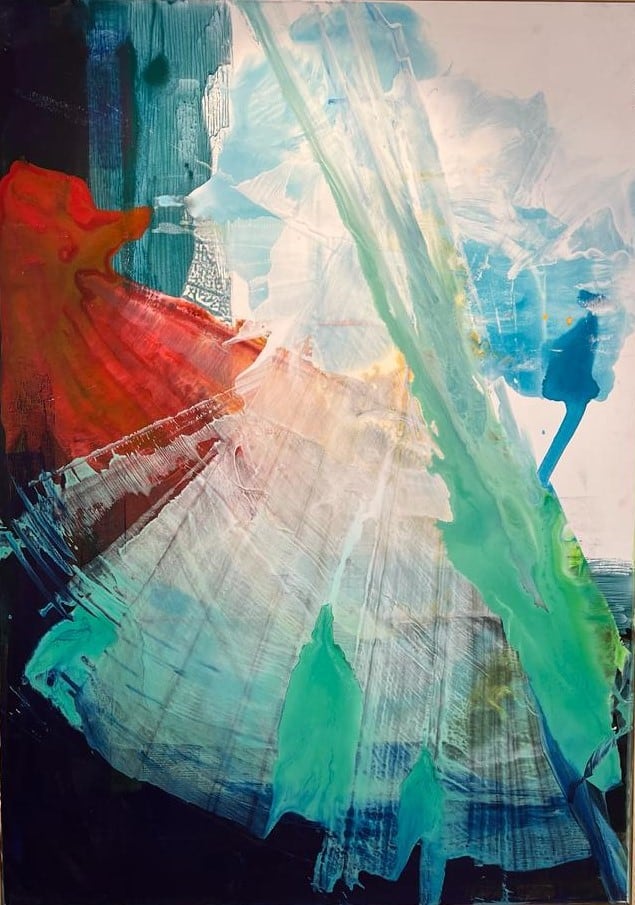 A painting of a blue, red, and green abstract painting on a white background.