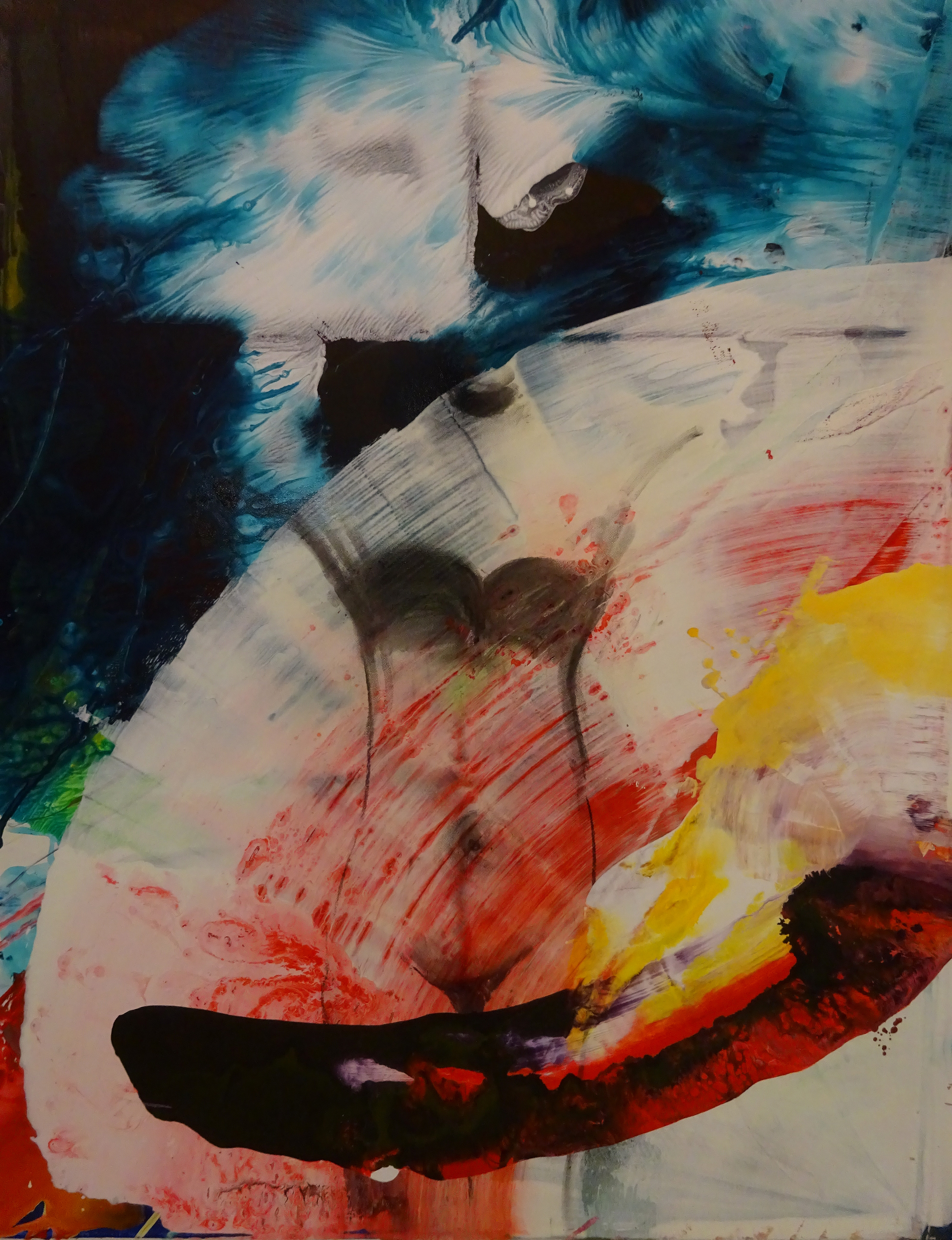 A painting of a colorful abstract painting on a wall.