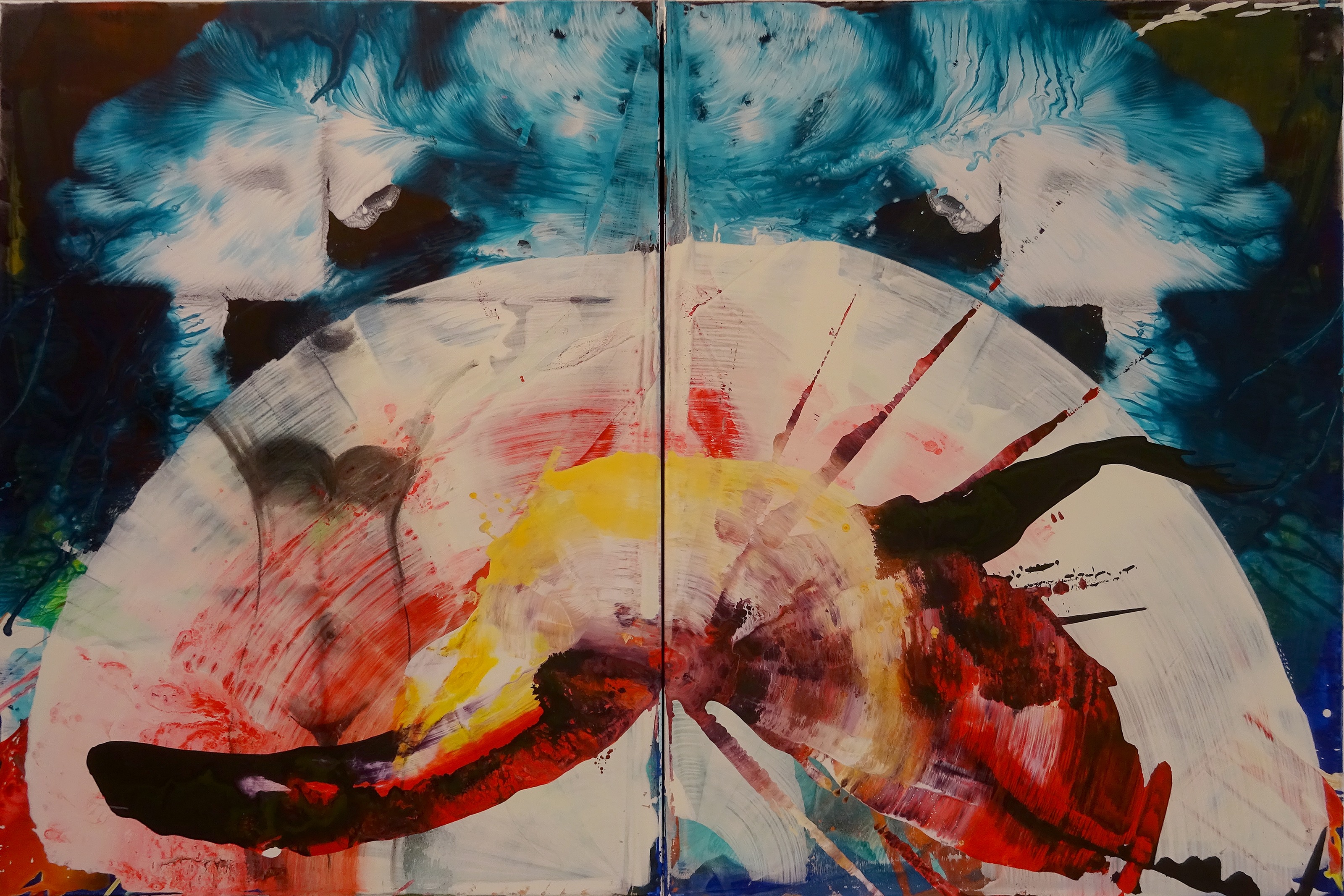 A painting of a colorful abstract painting on a wall.