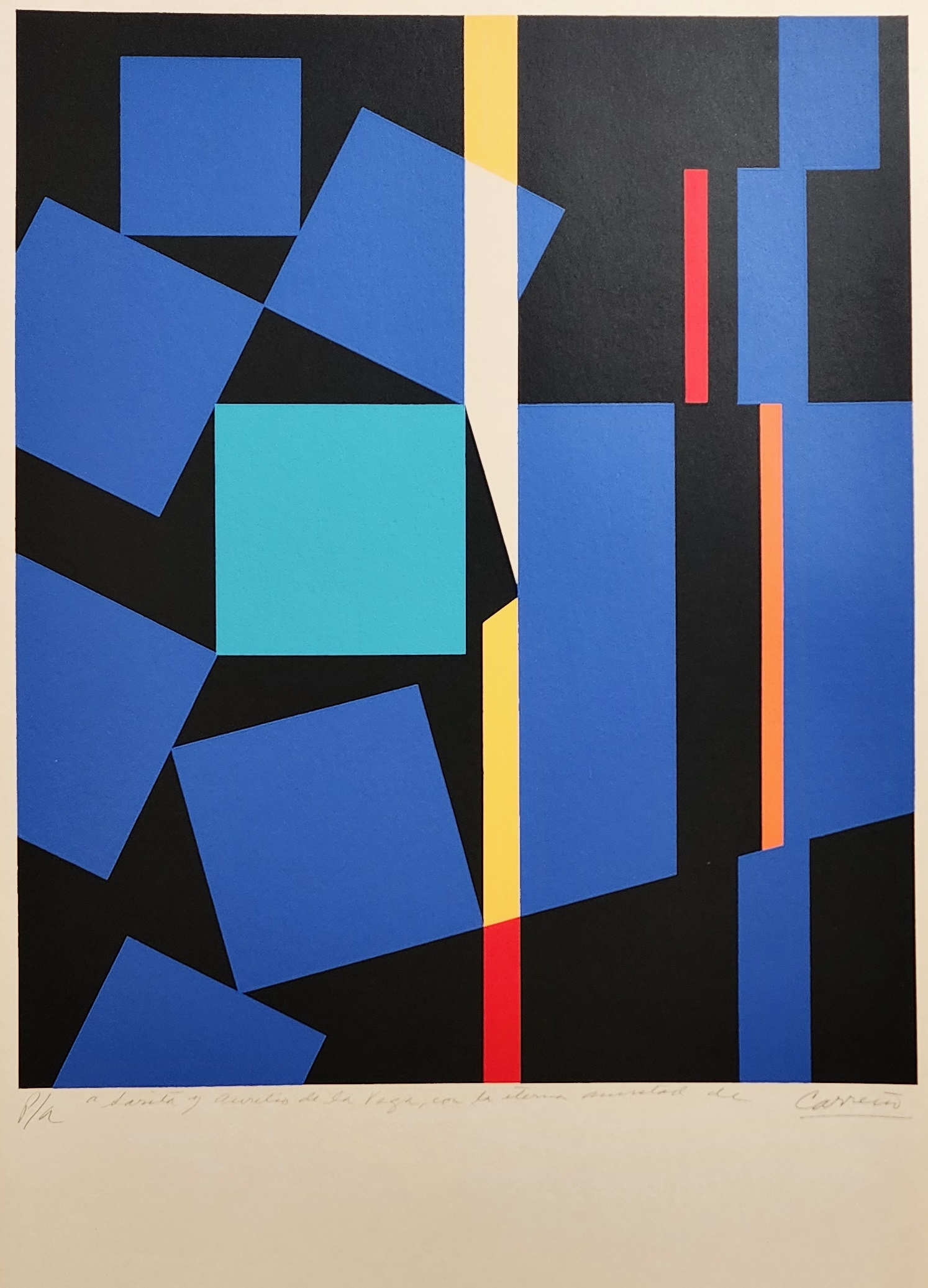 A blue and black abstract painting on a white wall.