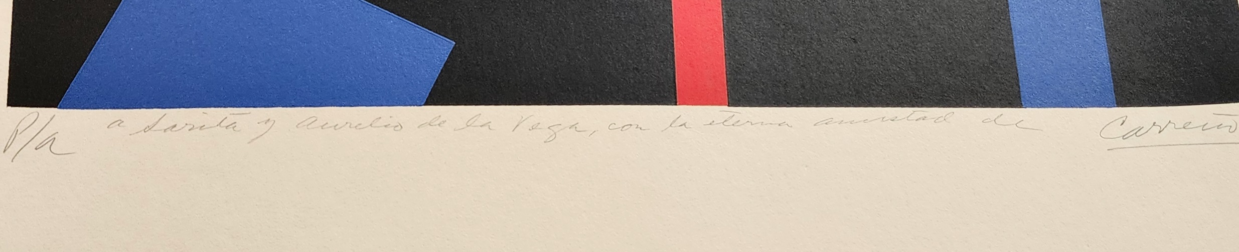 A blue and black abstract painting on a white wall.