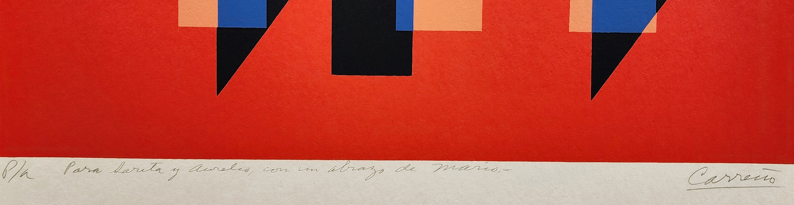 A red and blue abstract painting on a white background.