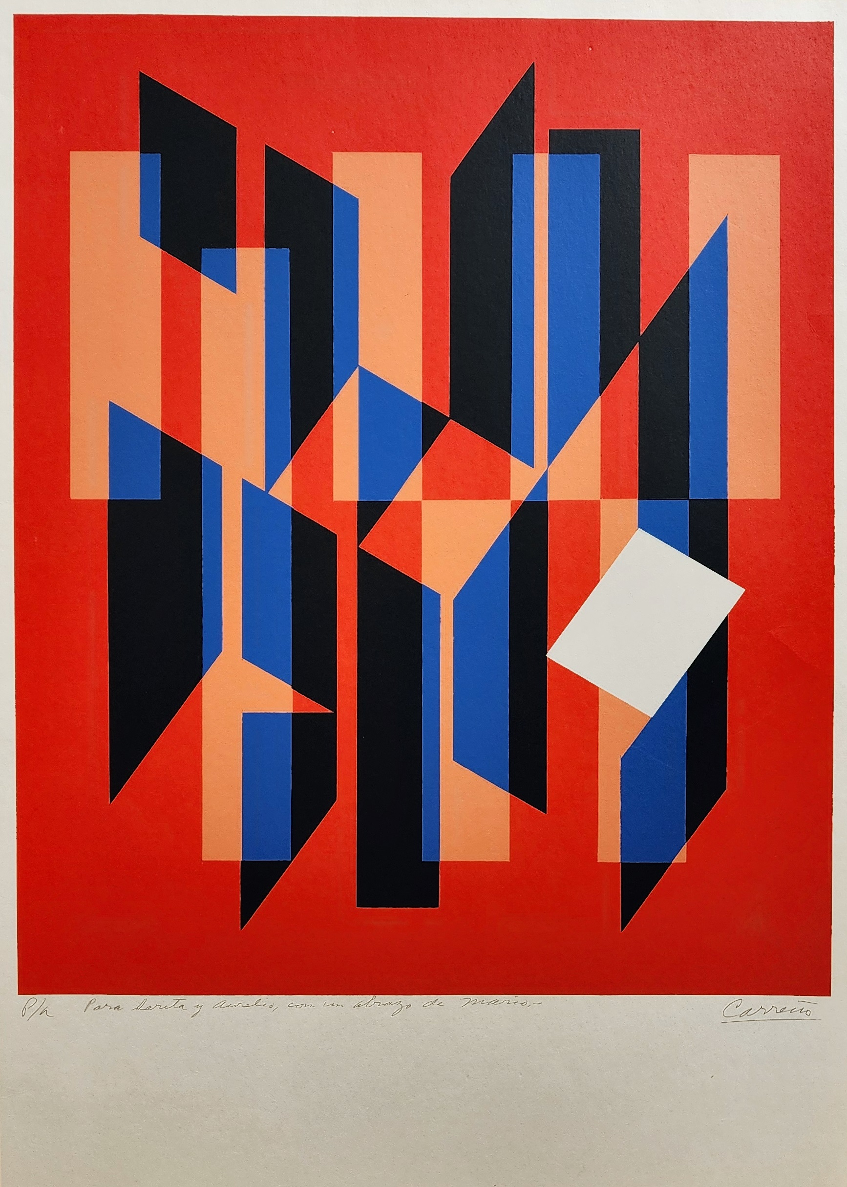 A red and blue abstract painting on a white background.