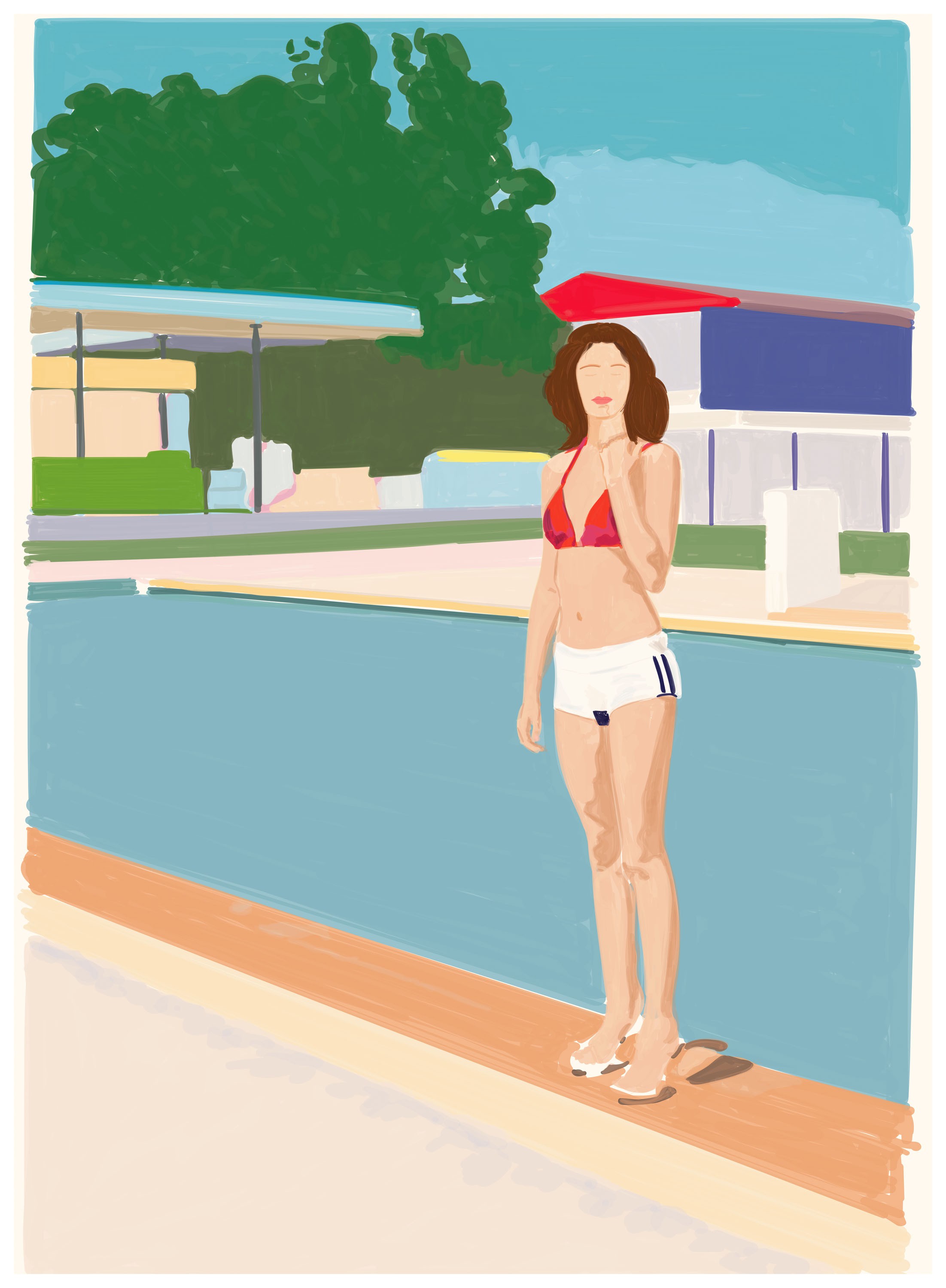 A woman in a bikini standing next to a swimming pool.