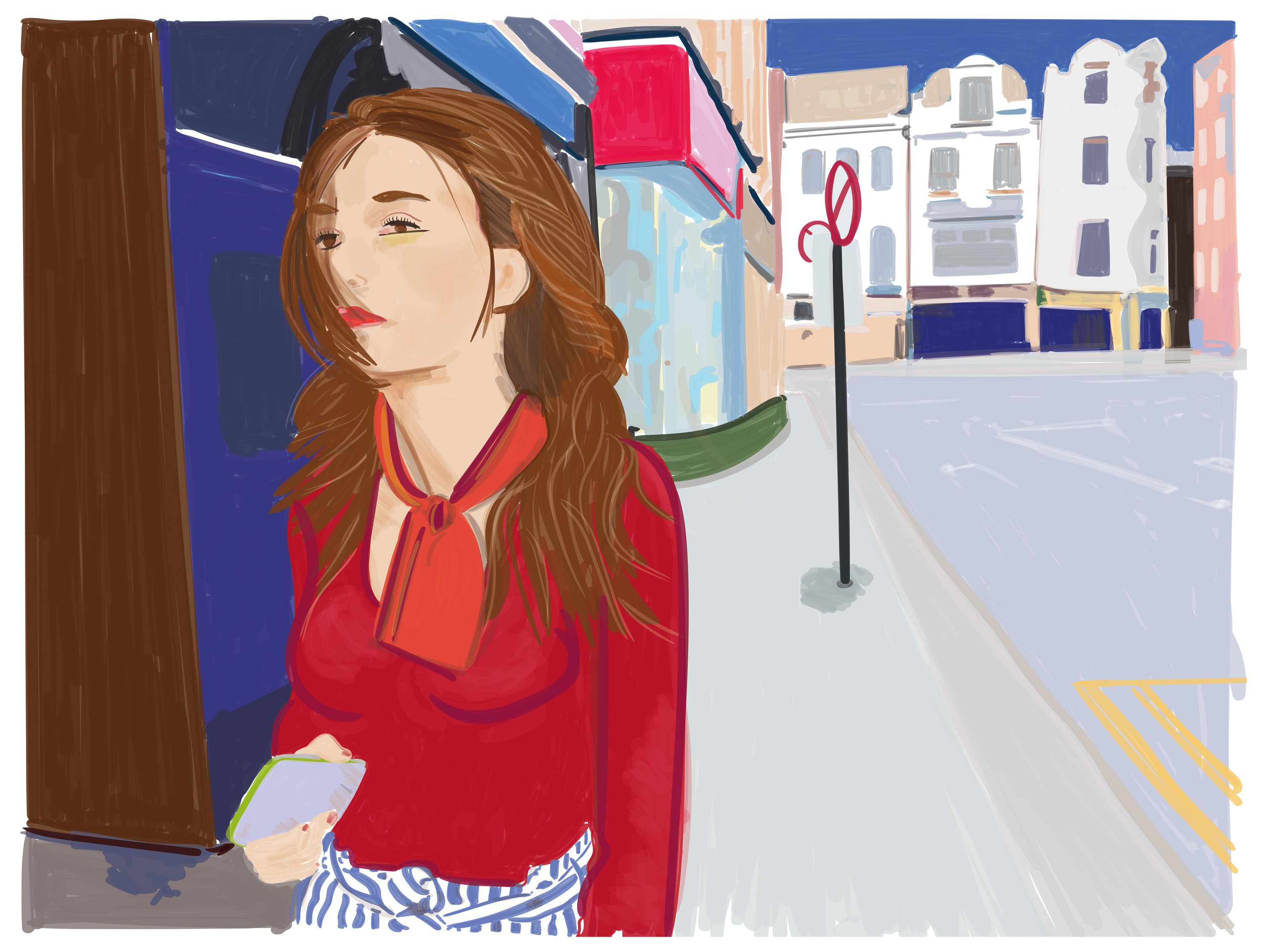 A stylized portrait of a figure in red and blue tones standing on a city street.