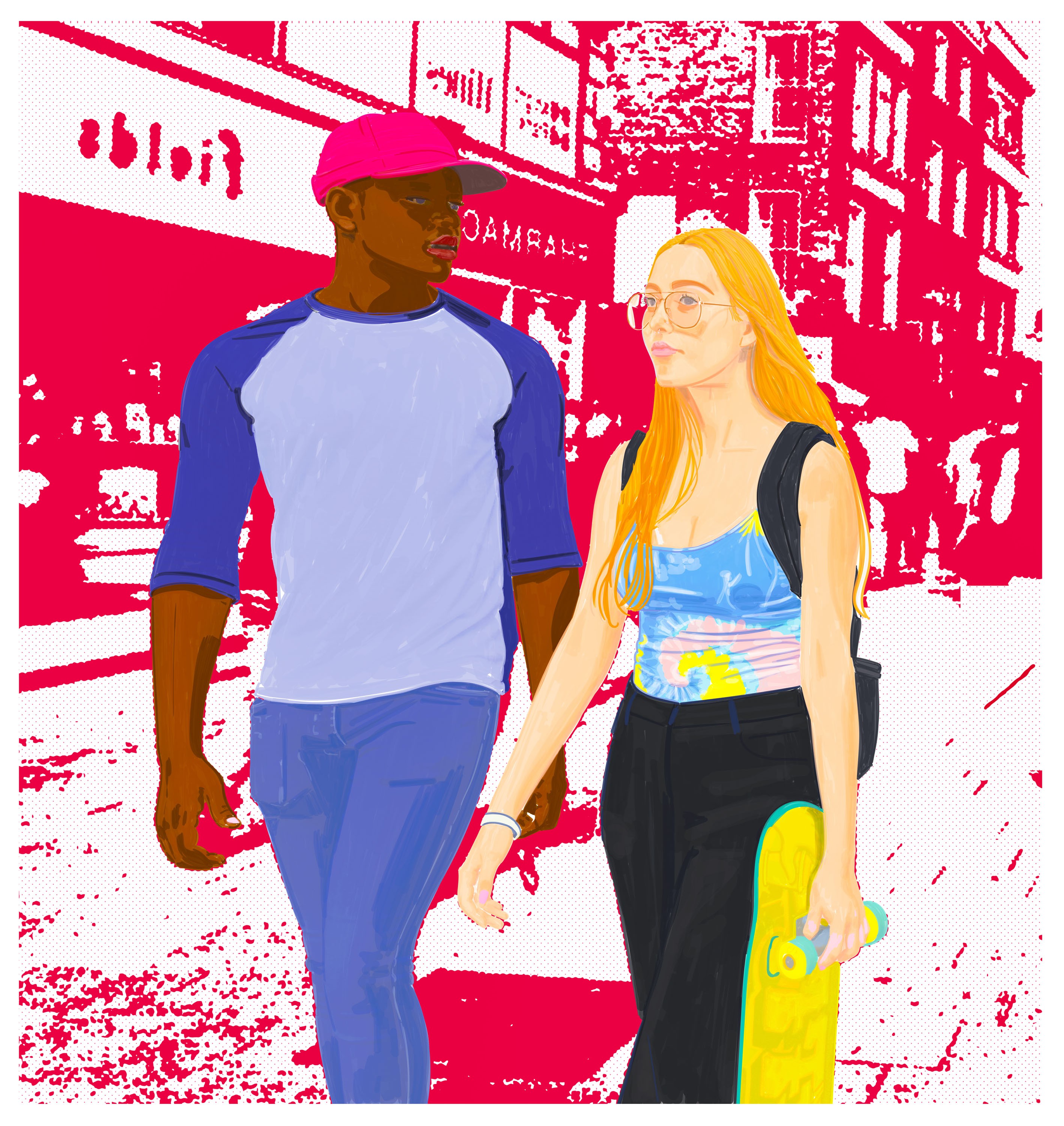 A stylized pop-art portrait of two figures walking hand-in-hand in a vibrant urban setting.