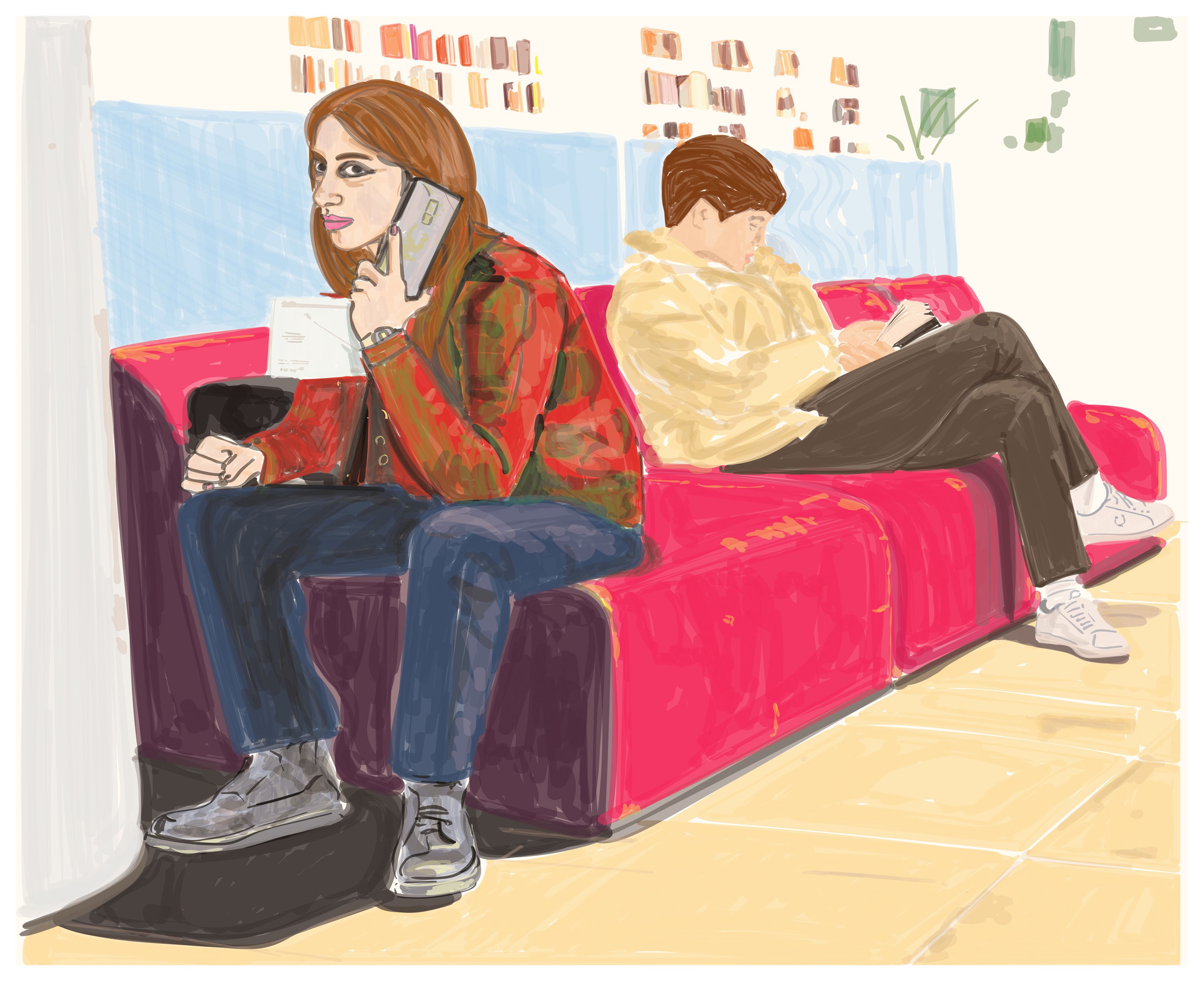 A couple of people sitting on a couch talking on their cell phones.