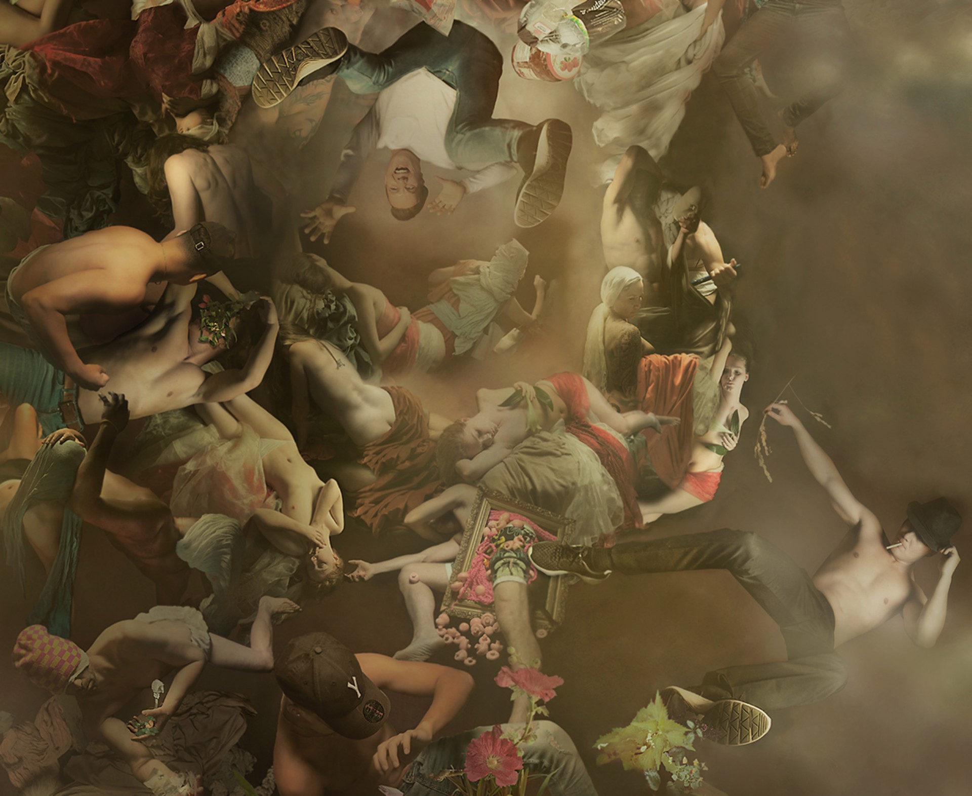 A large group of people are gathered together in the air.