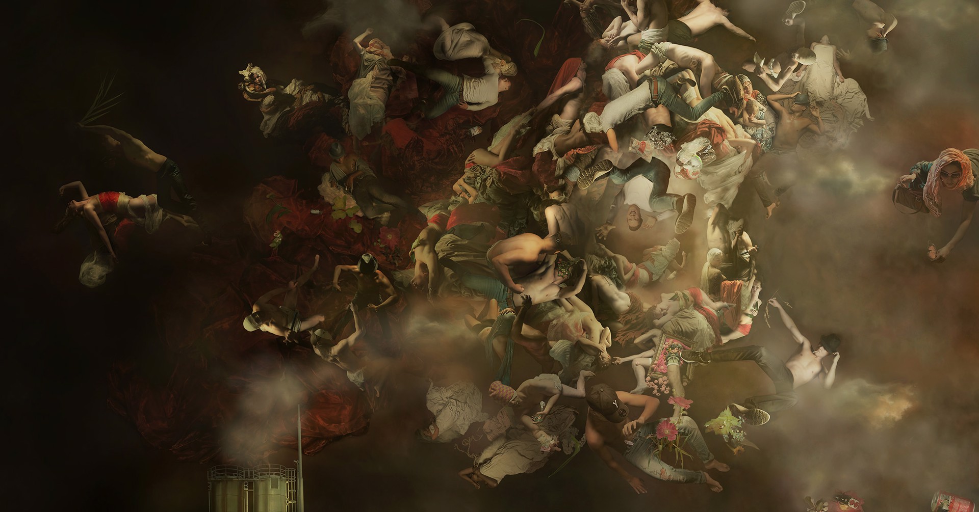 A large group of people are gathered together in the air.