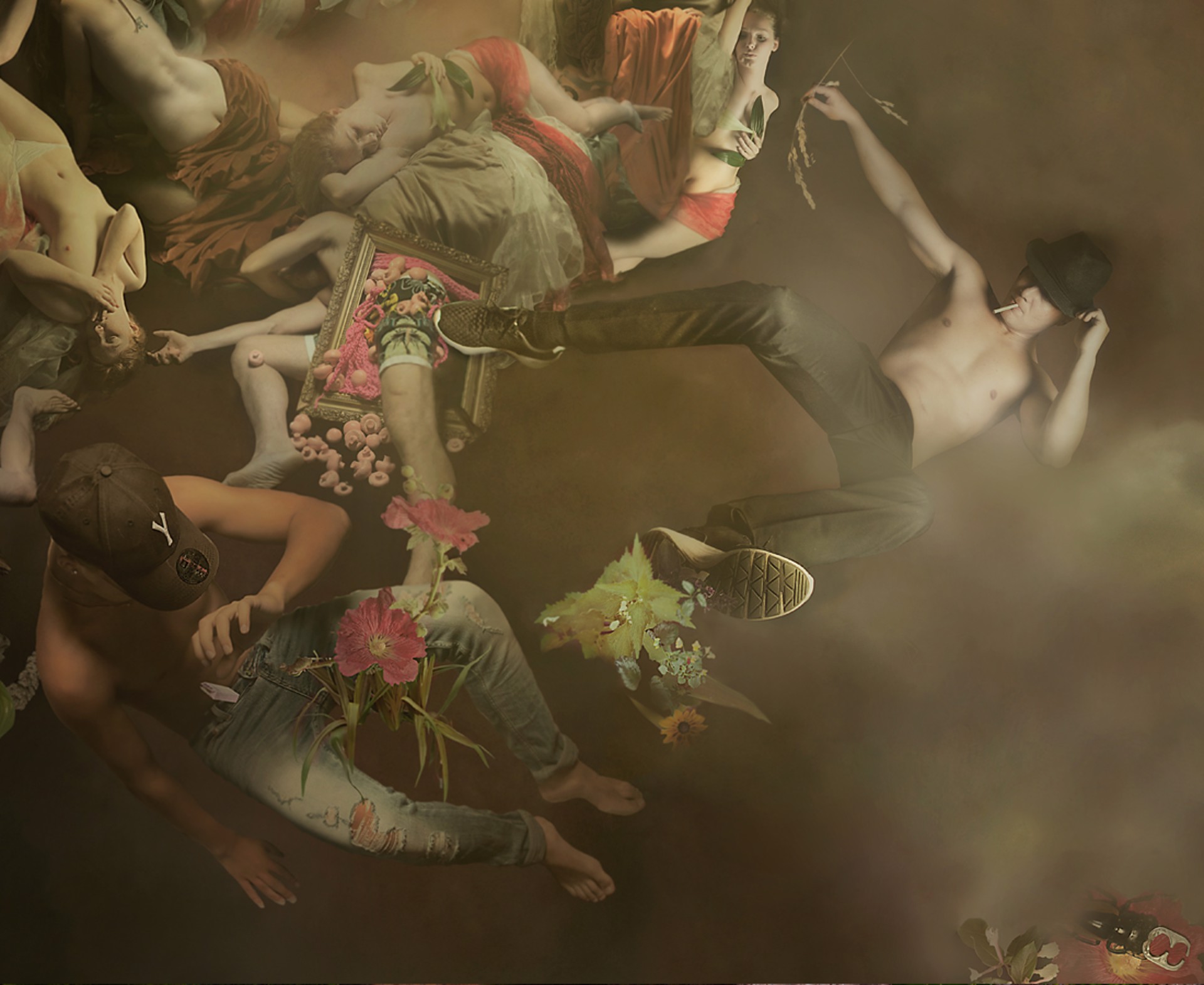 A large group of people are gathered together in the air.