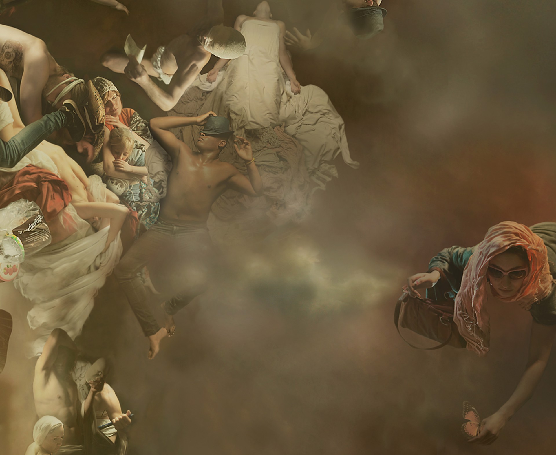 A large group of people are gathered together in the air.