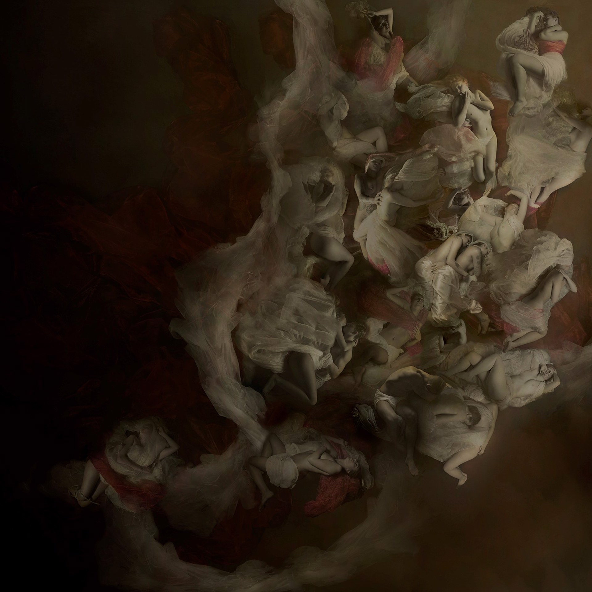 A chaotic, dreamlike composition of numerous figures in white garments swirling within a dark, misty atmosphere.