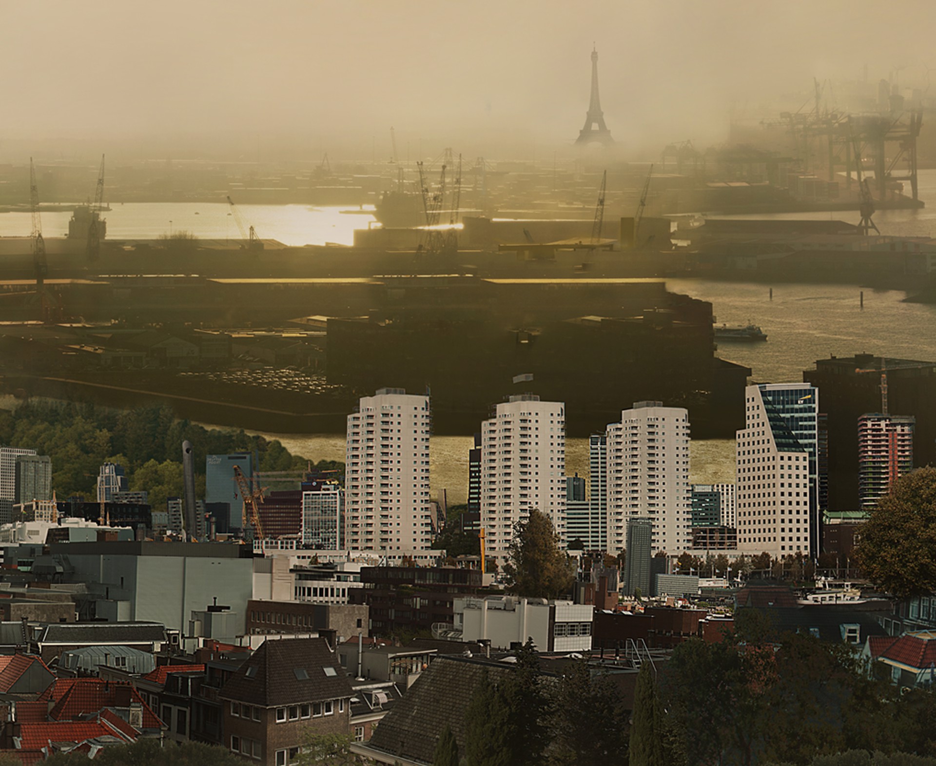 A surreal landscape blending urban sprawl and pastoral simplicity under a brooding sky.