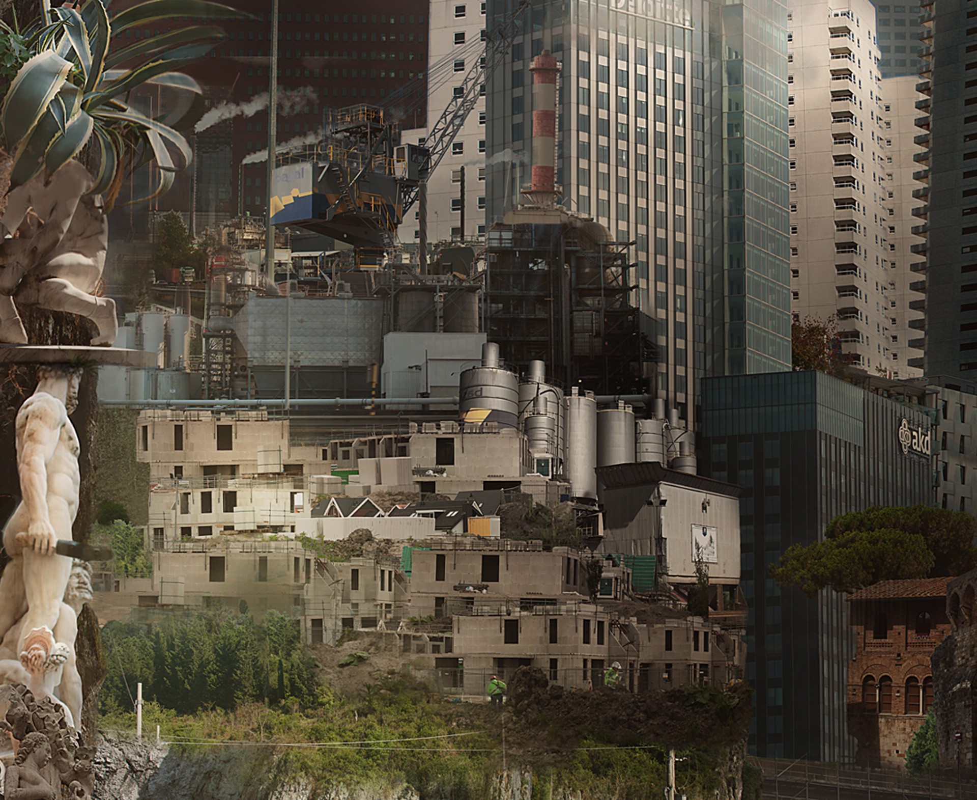 A surreal landscape blending urban sprawl and pastoral simplicity under a brooding sky.